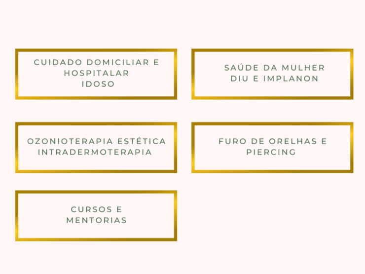 Seis caixas de texto com informações sobre saúde e estética, com bordas douradas. Os textos incluem cuidados domiciliares e hospitalares para idosos, saúde da mulher, ozonioterapia estética e intradermoterapia, piercing e furos de orelhas, além de cursos e mentorias.