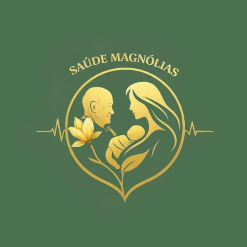 Logotipo de saúde com uma mulher segurando um bebê, elementos de flores e uma linha de batimentos cardíacos, com texto 'Saúde Magnólias' em fundo verde.