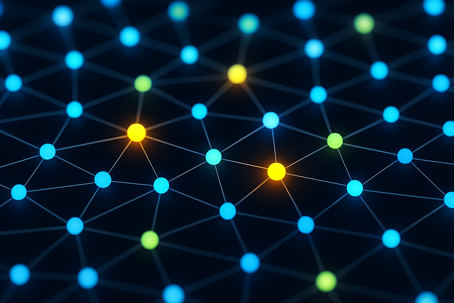 Image of a variety of clear and blurred white, yellow, blue, and green luminous dots connected by a network of lines.