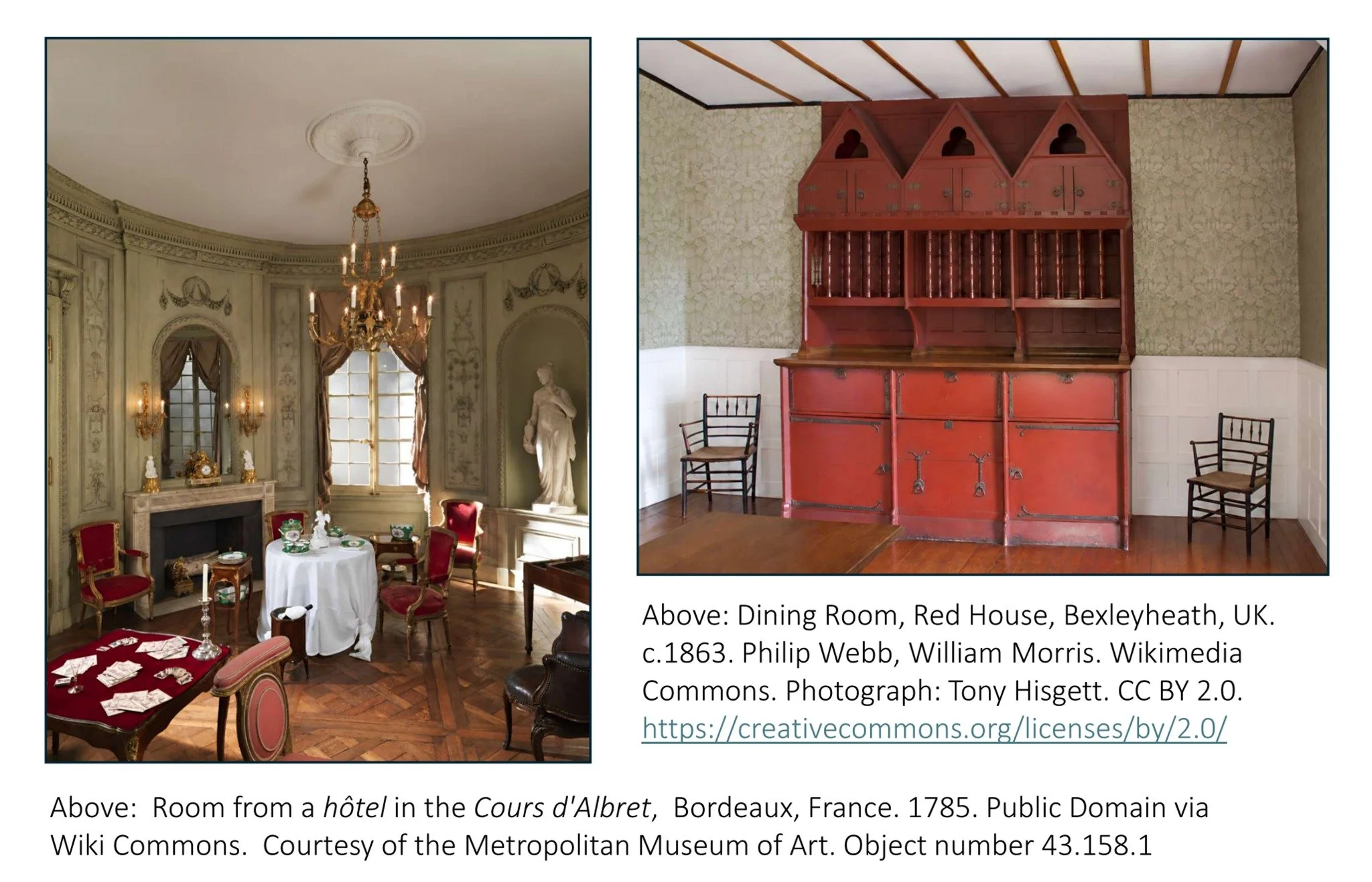View of a French 18th century salon and the dining room at Red House, England