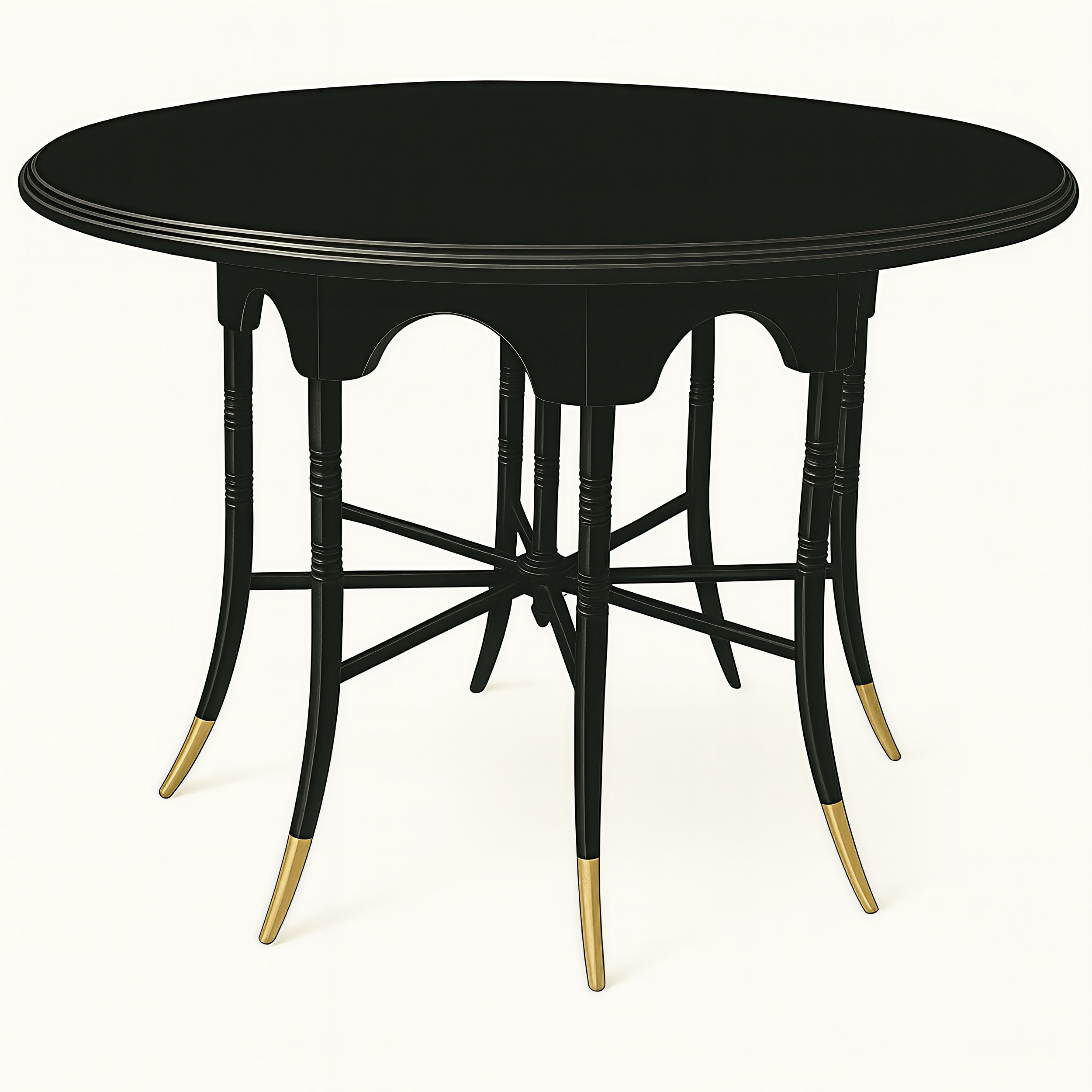 Circular table in ebonized wood with slender legs, evoking a Japanese aesthetic