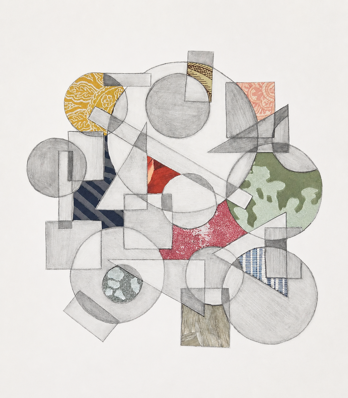 a mixed media work by a student of various geometric forms rendered in pencil and collage, to illustrate that floor plans are such compositons