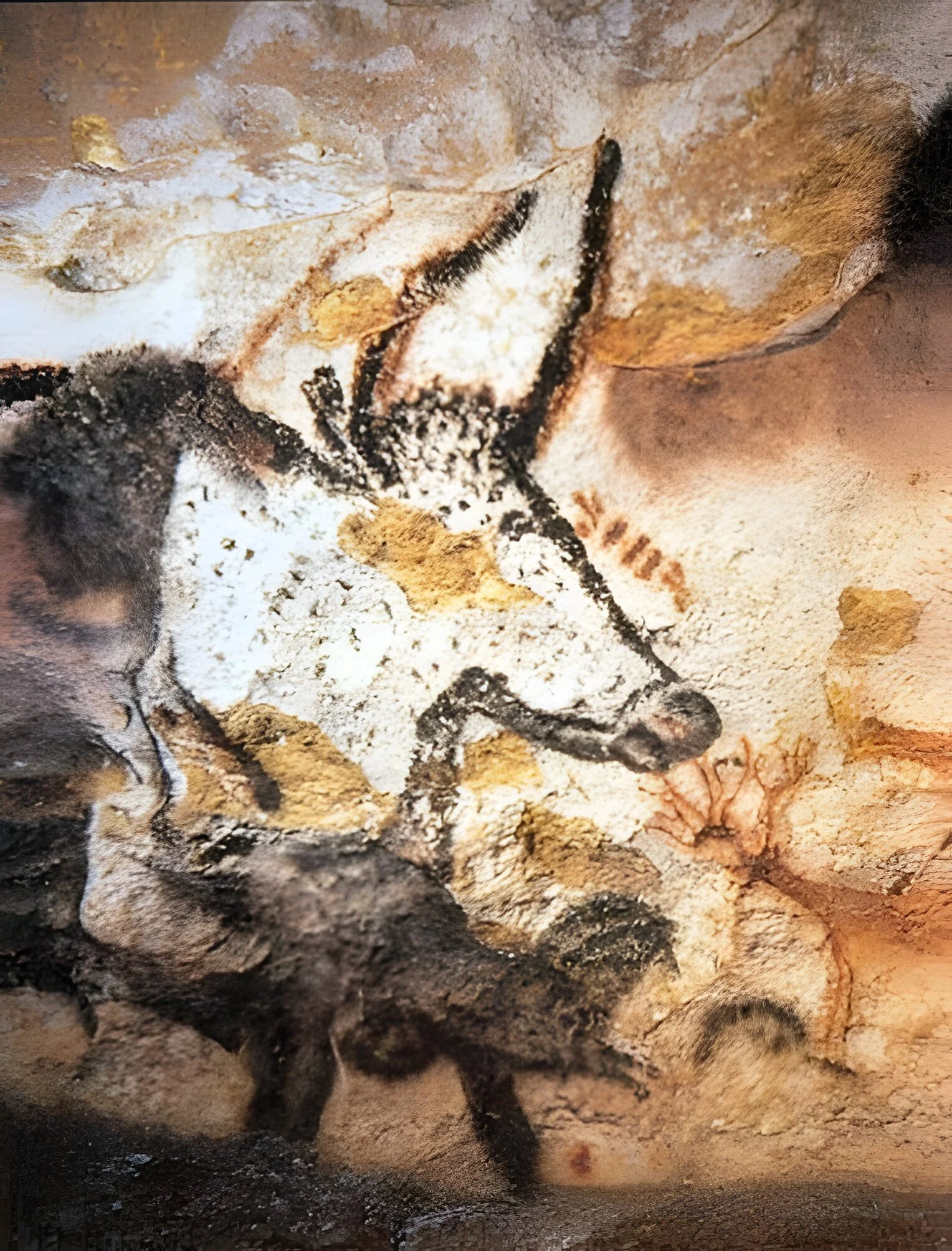 Close-up of a black-line drawing of a bull's head from Lascaux cave