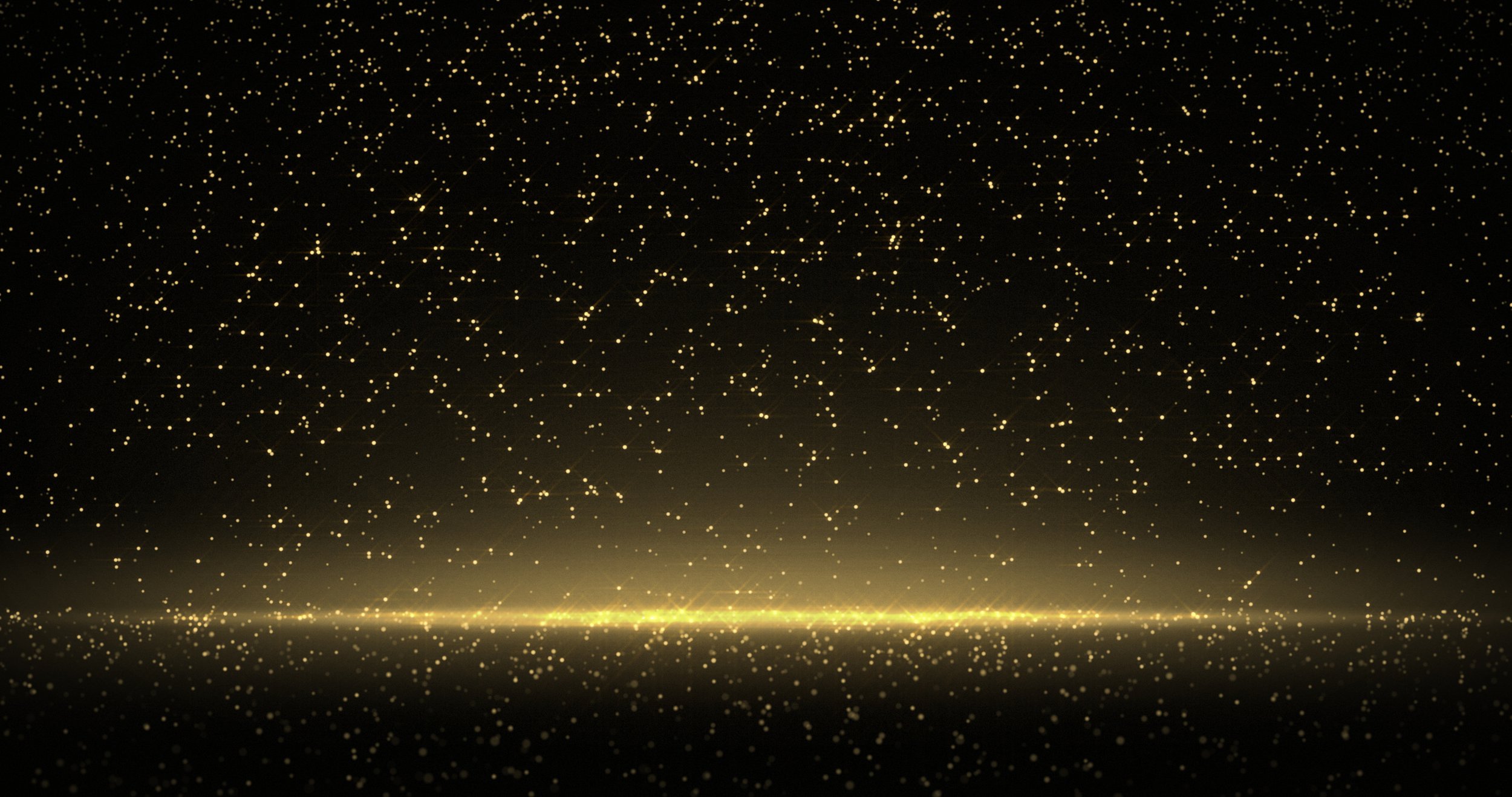 Black earth and sky with sliver of light at horizon below with many stars and sparkles