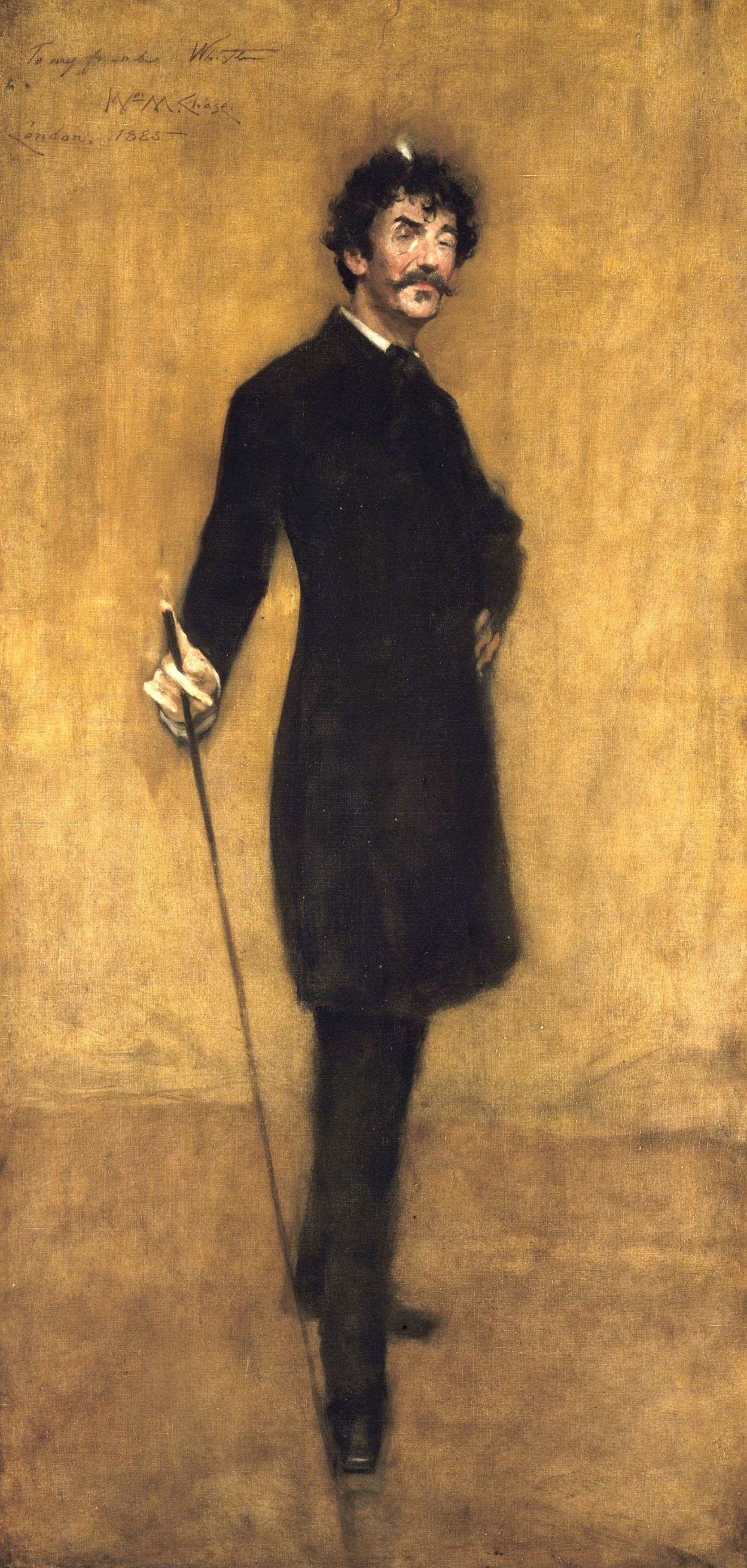 Portrait of a 19C, somewhat arrogant-looking, gentleman, all in black, wearing a manacle and sporting a walking stick on a gold background