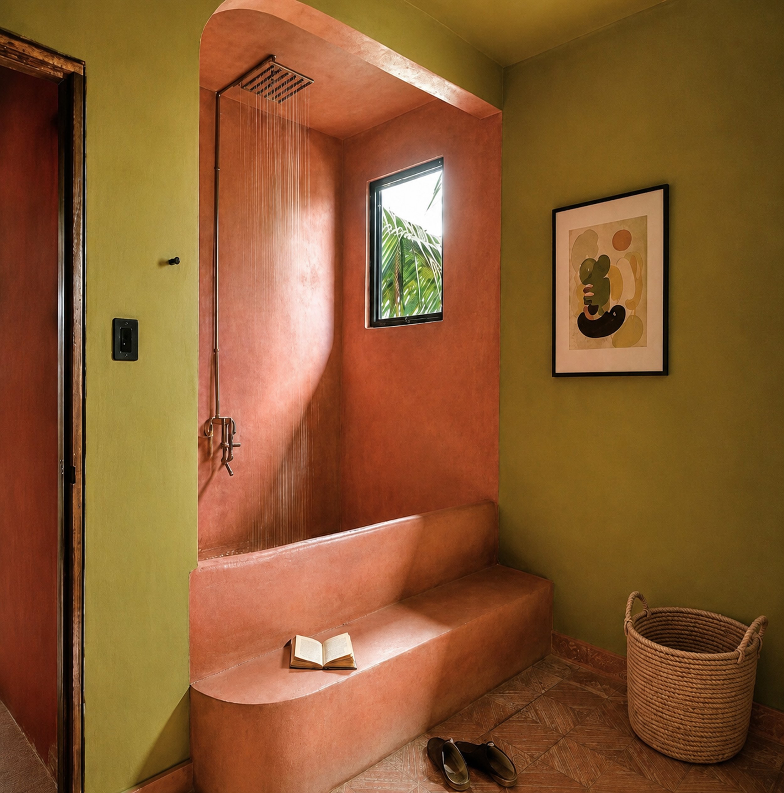 Bathroom by Pearl Lowe featuring exposed plumbing, textured plaster walls, and warm vintage furnishings illustrating the principle of material authenticity.
