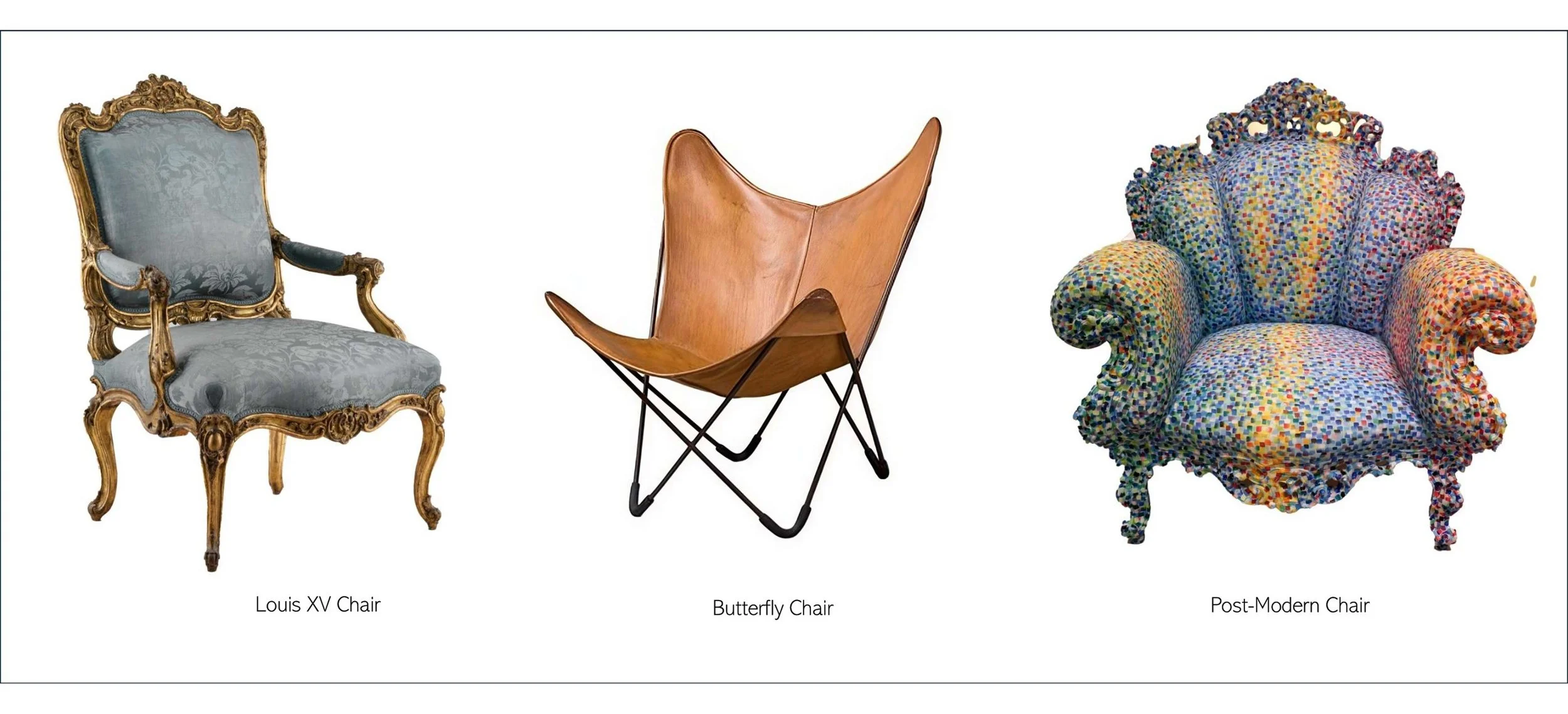 Composite image showing a Louis XV chair, a modern Butterfly Chair, and a Postmodern chair, demonstrating how different design intentions and meanings shape the appearance of the same object.