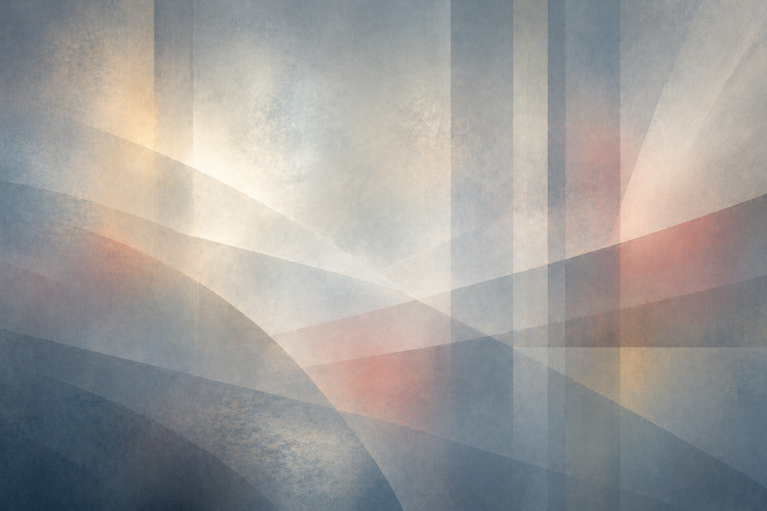 Soft abstract composition with layered translucent geometric forms in muted blue, green, and warm tones, suggesting thought, memory, and emerging ideas.