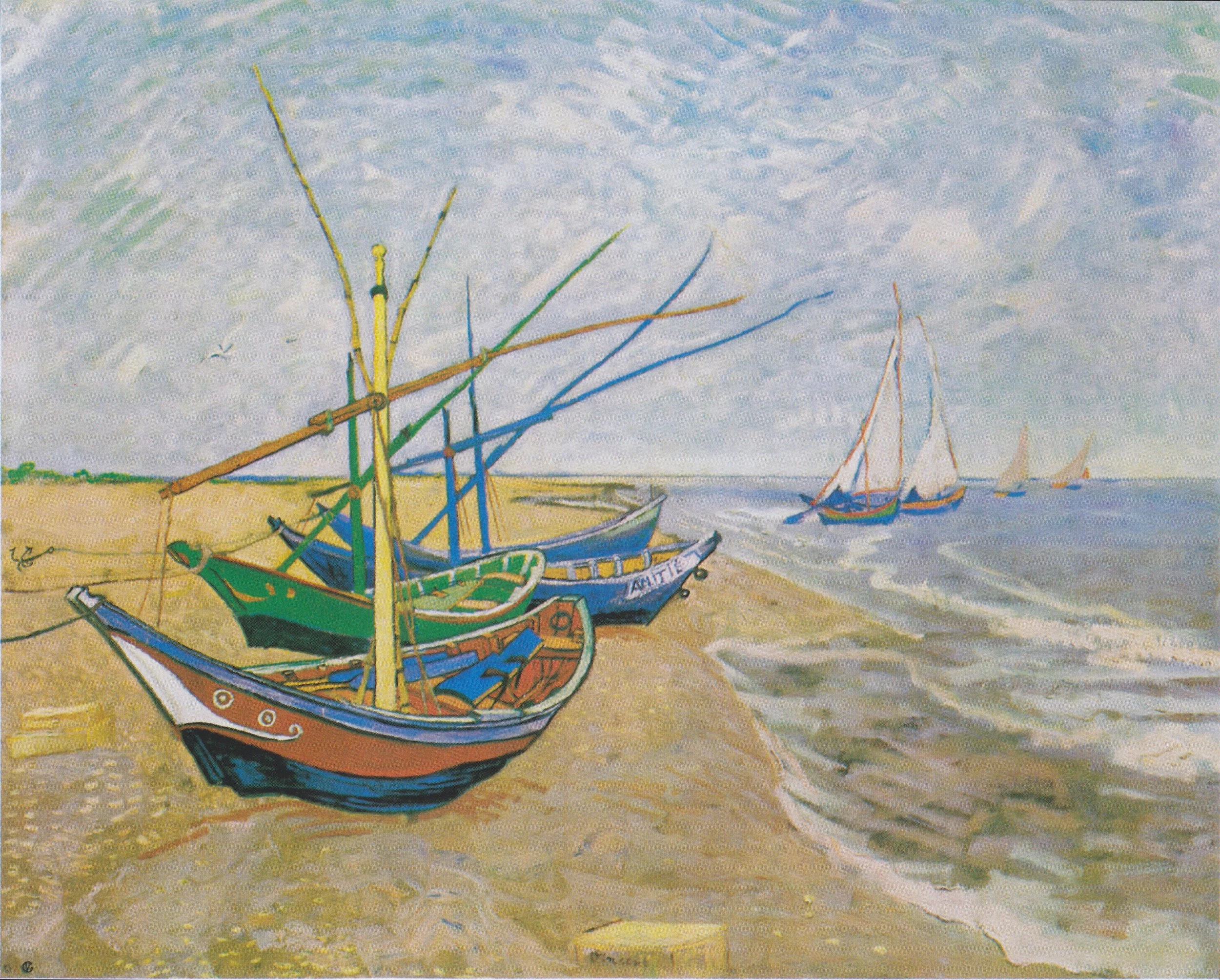 Fishing boats on the shore n rich colors, with very slender asymmetrical masts and yards, evoking the aesthetic of Japanese prints