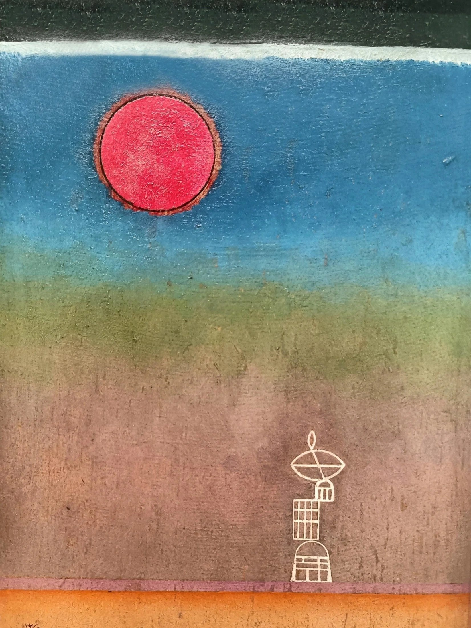 Painting by Kandinsky of a semi-abstract, naive landscape with a large pink sun in a multicolored sky and a white line drawing of an unidentifiable figure