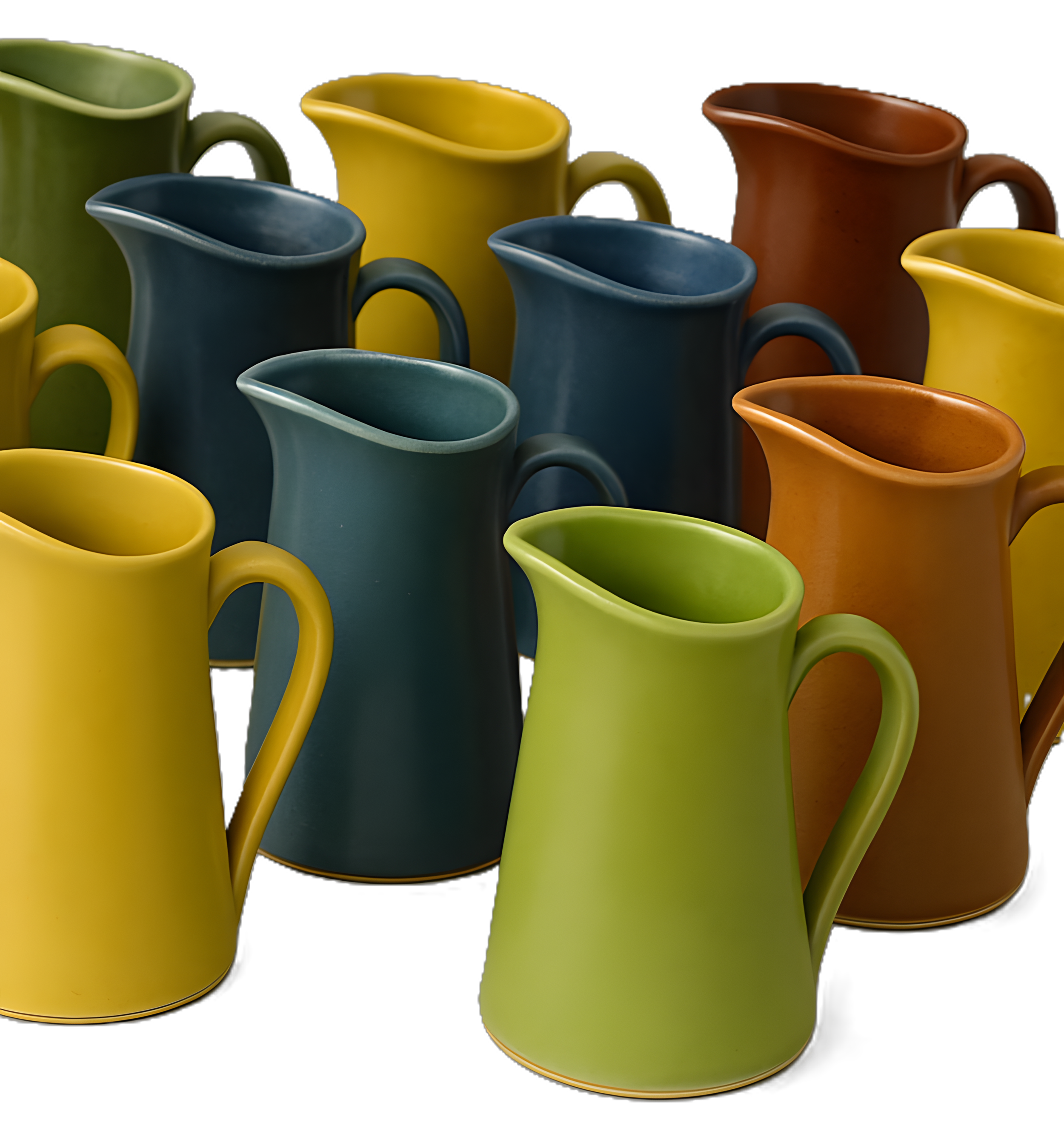 Identical machine-made ceramic pitchers demonstrating industrial uniformity.