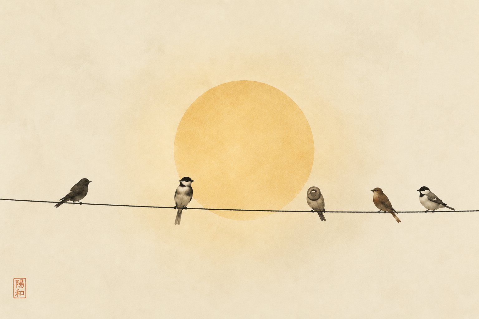 a Japanese-looking scene of several birds unevenly spaced across a wire in front of a subtle yellow sun