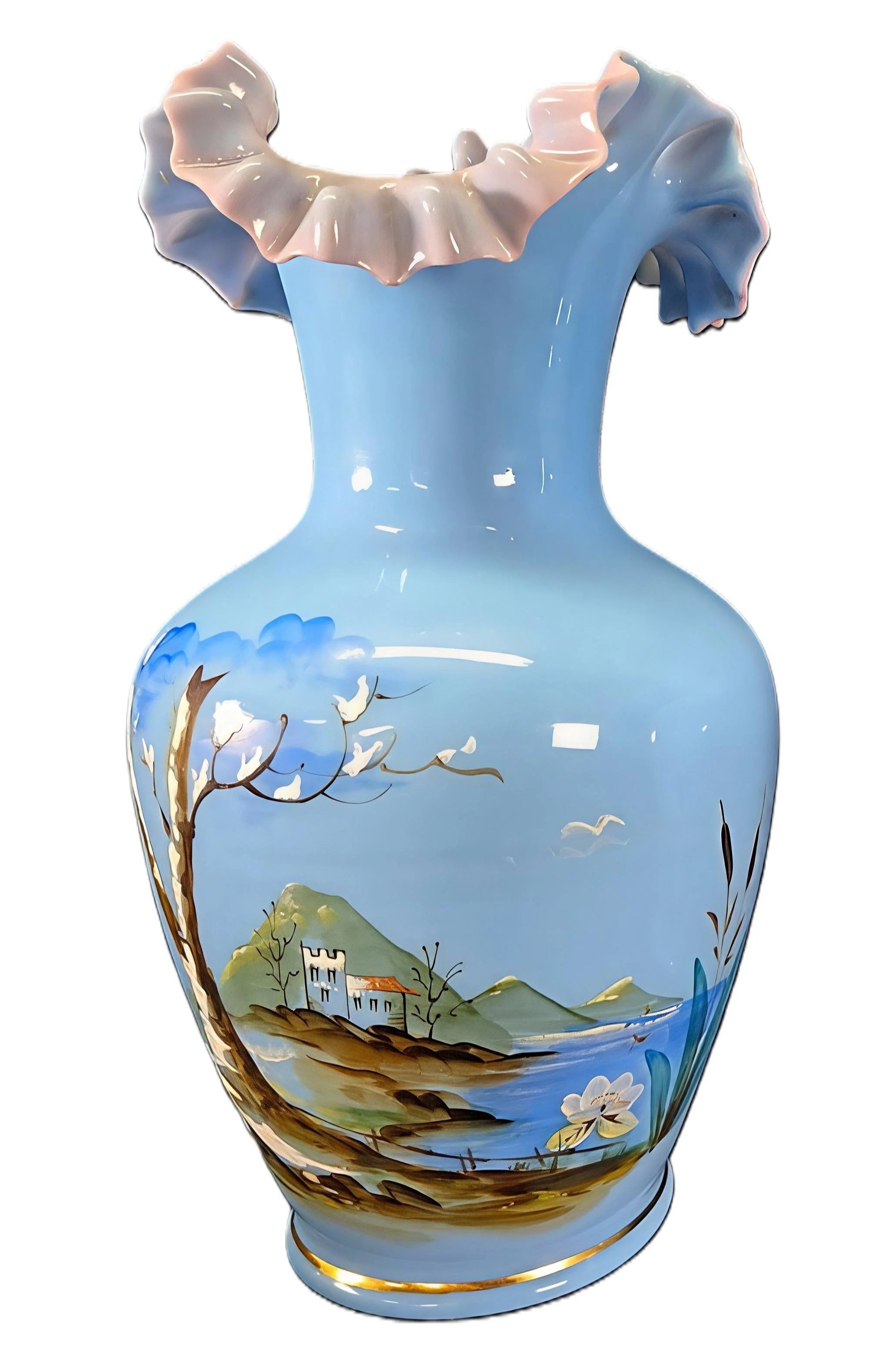 Blue, opaque, glass vase with ruffled top and landscape-painting scene illustrate  Reformers’ rejection of “untruth to materials” in three ways: glass should not be ruffled or opaque,  and vases should not be treated like painted canvases.