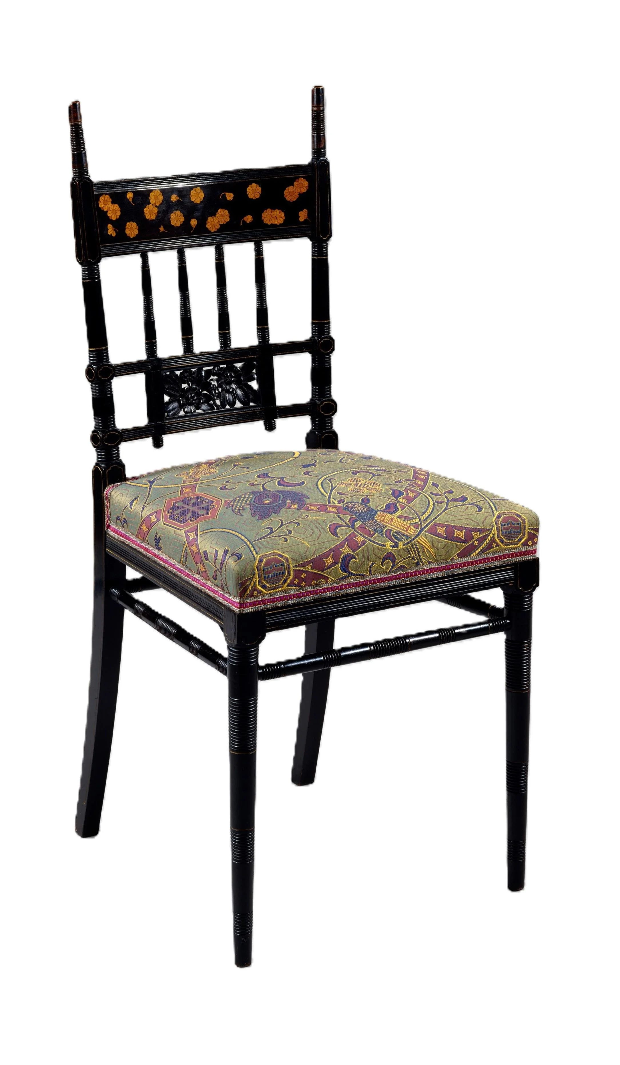 Inlaid, turned, carved,  ebonized chair, also a play on the first one, though many steps removed, through a mix of Japanese and exotic aesthetics to create the richness the Aesthetes admired
