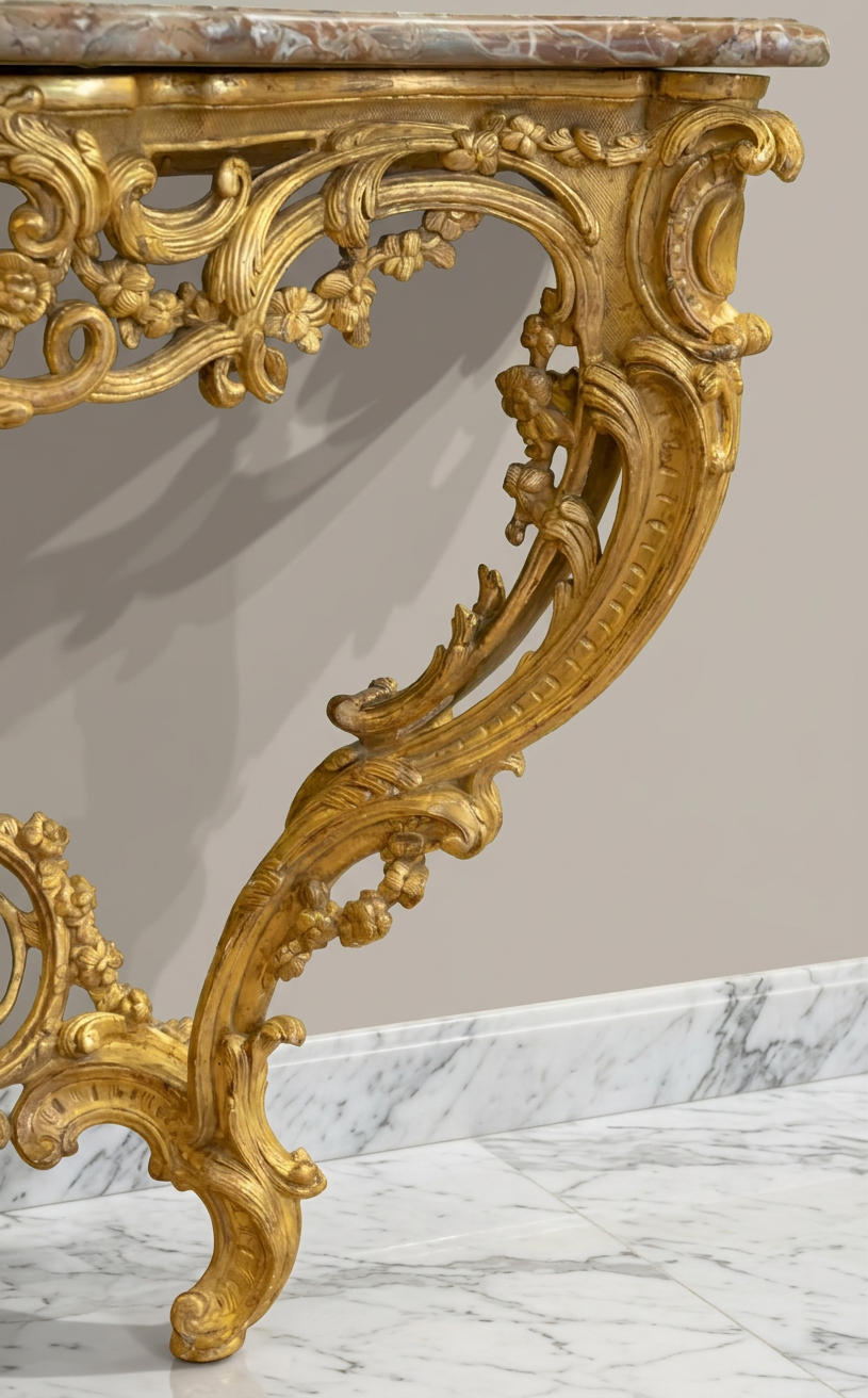 View of a leg of a Louis XV carved and gilded console table