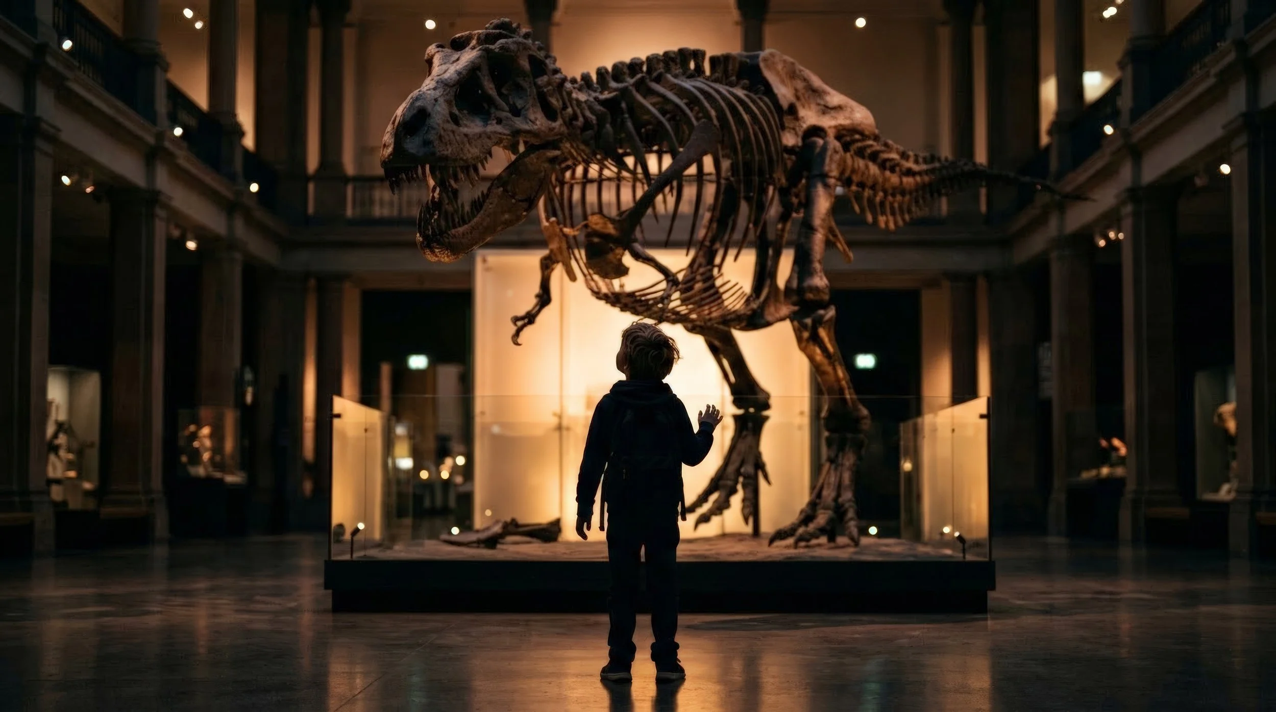A dark with scene with dramatic light of a little boy in a museum before the skeleton of a T Rex