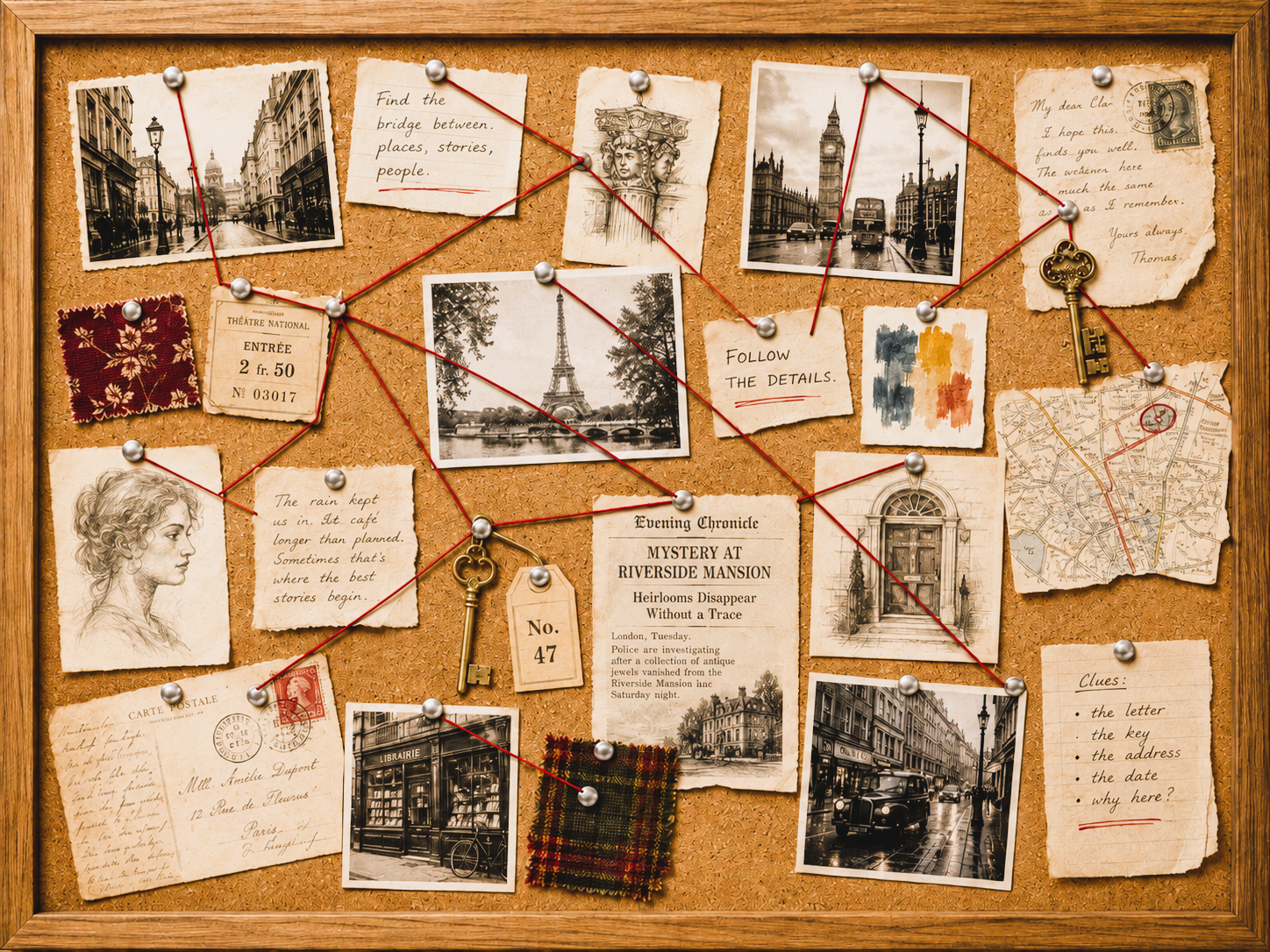 a bulletin board with a variety of papers on it, photos, notes, etc, with red string and pins creating connections among them
