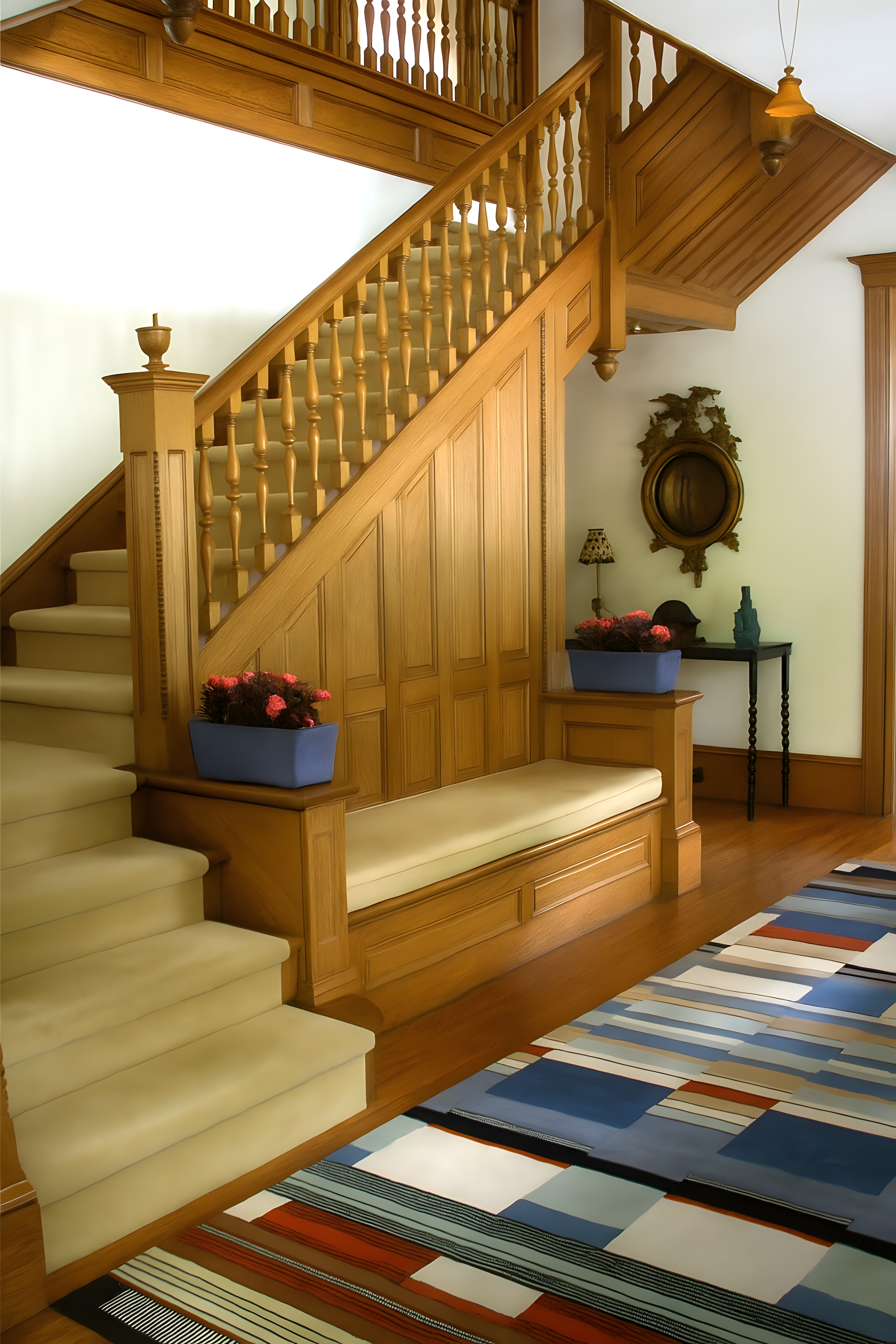 Interior staircase and hallway of an Arts and Crafts style house in Princeton, NJ, with colorful rug of Bauhaus design – example of balance and warmth in conceptual development.