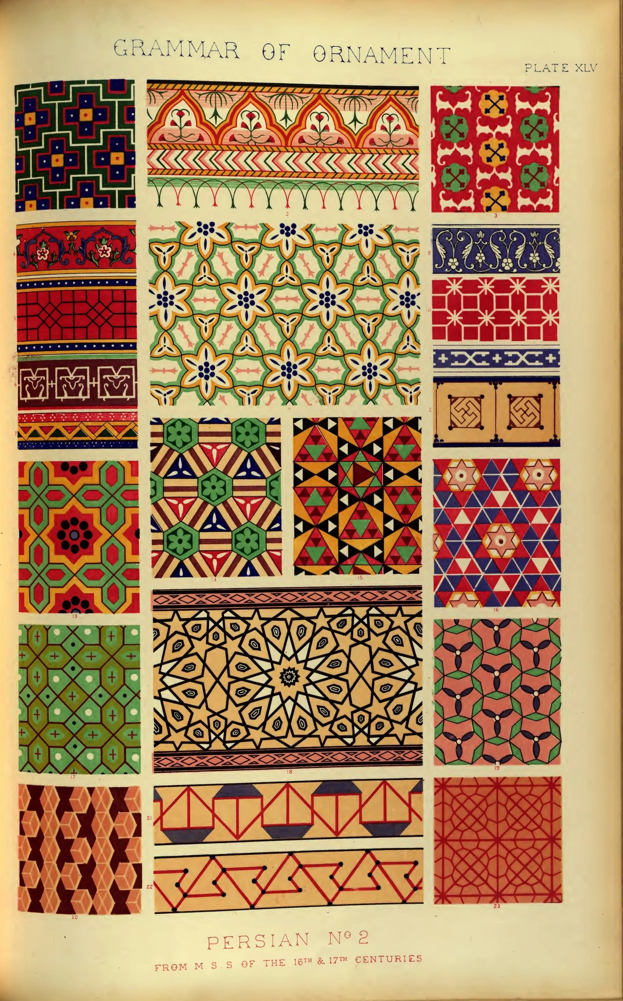 Persian ornamental patterns of intricate geometric forms in  rich colors