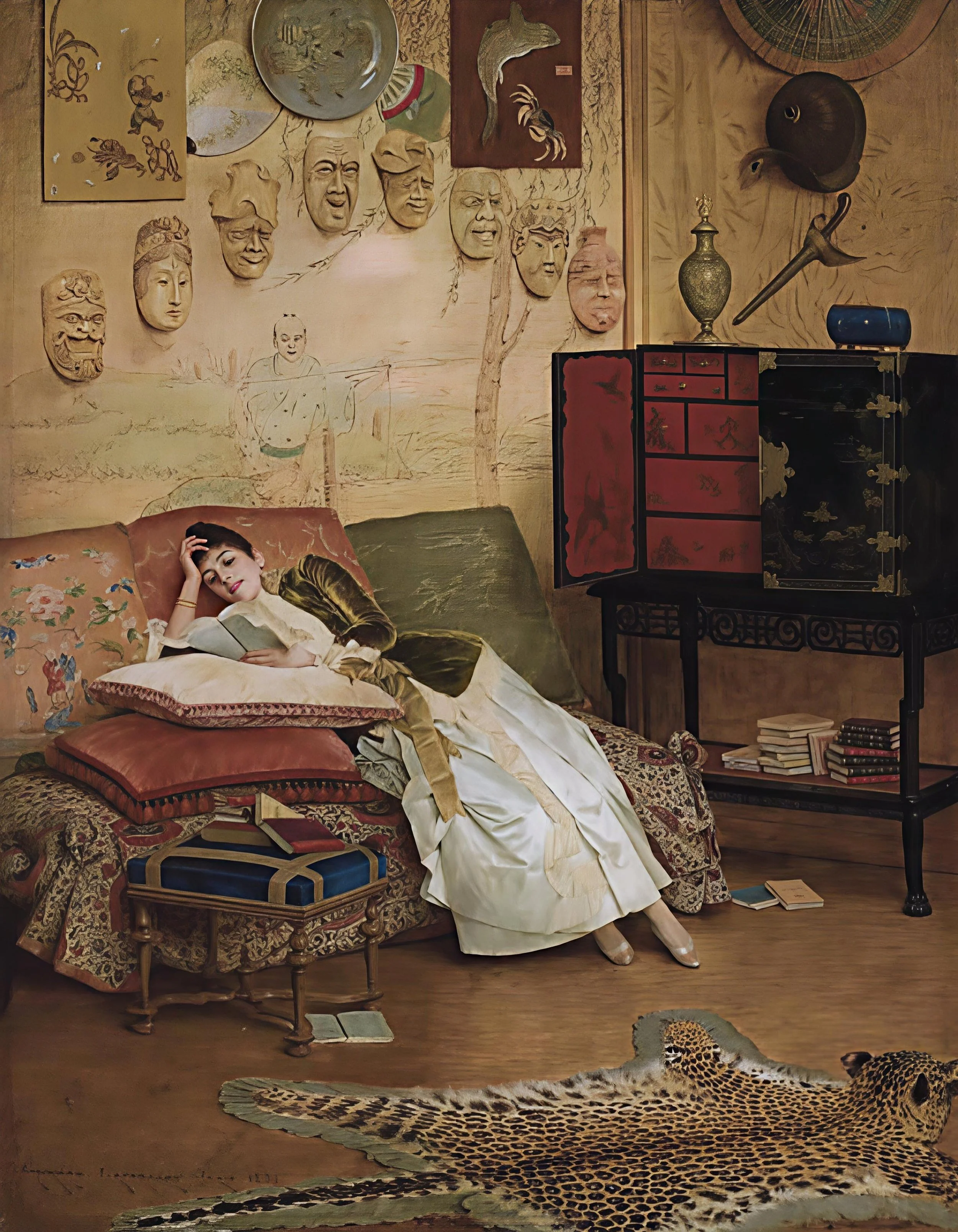Painting of a woman reclining in an unconventional-for-women-at-the-time, informal pose, reading, on a pile of cushions in an exotic interior, illustrating the casual, creative, personal, hedonistic attitude of many Aesthetes.