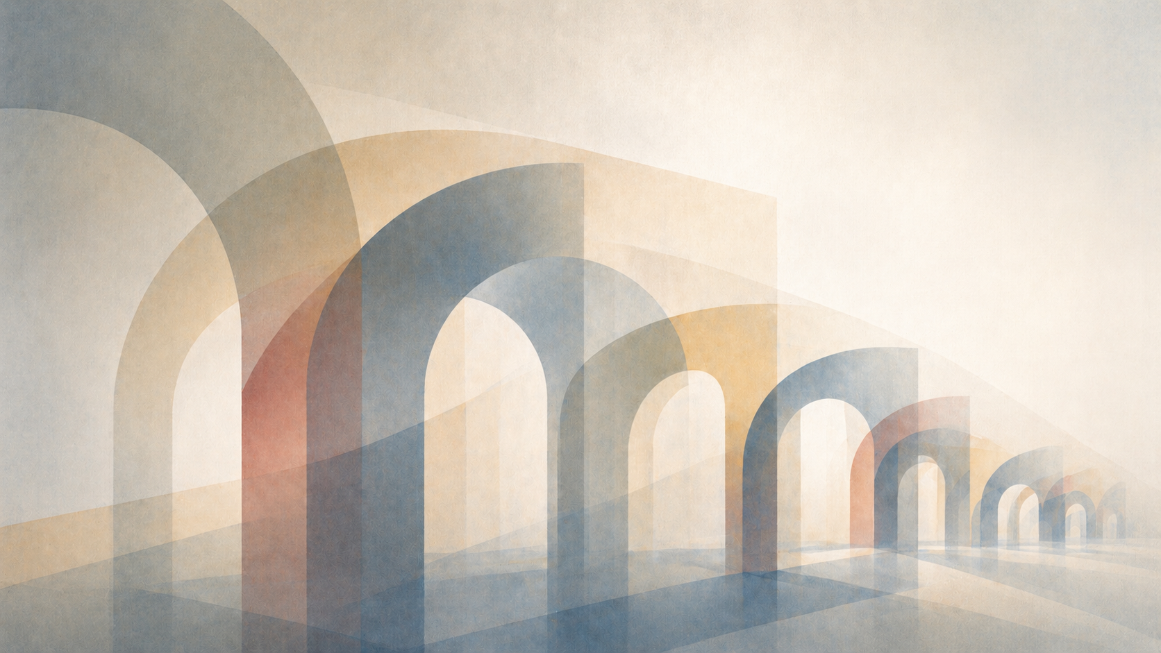 Series of translucent arch-like forms receding into the distance, suggesting depth, repetition, and ongoing exploration.