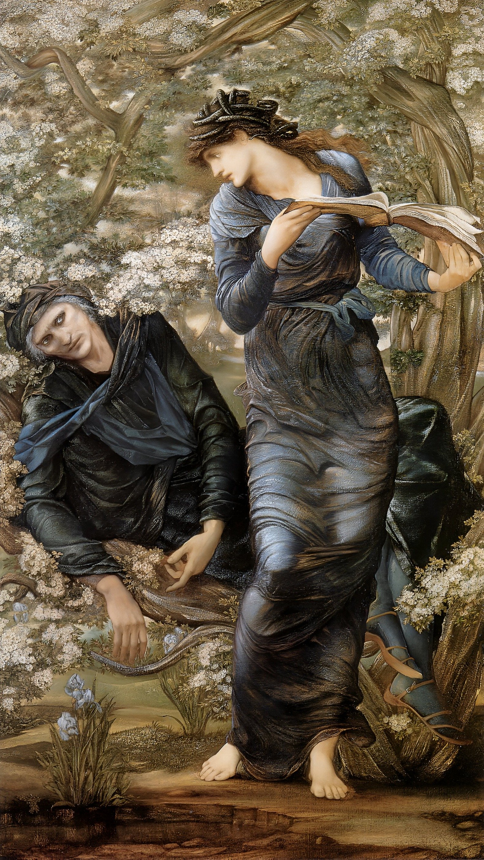 Realistic painting, in rich but muted tones, of two idealized, Classical figures in a wood; the woman in flowing garments, holding a book, looking at a crouching, unwell, male figure,