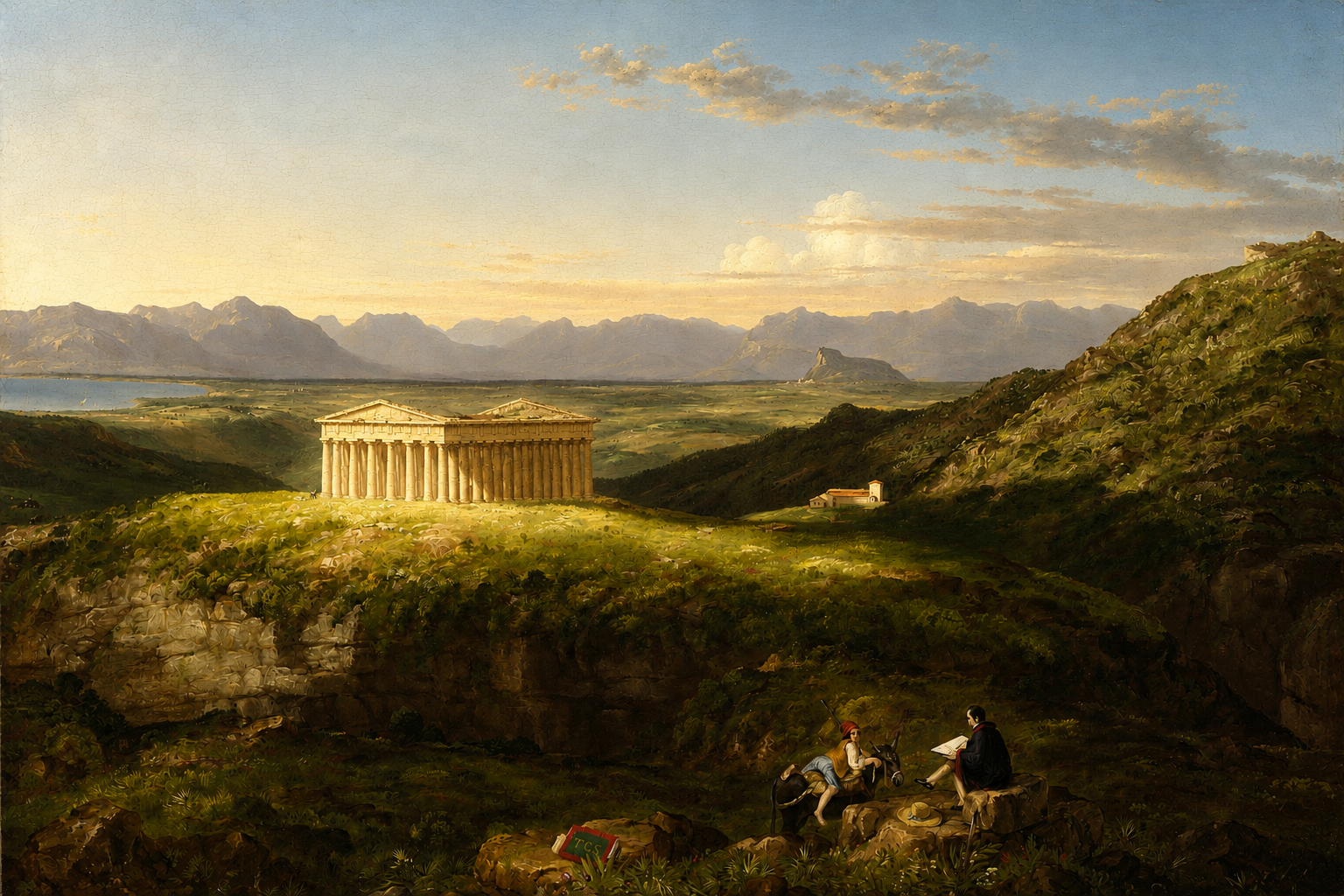 a painting of a vast landscape with a Greek temple set within it and an artists sketching if from a distance
