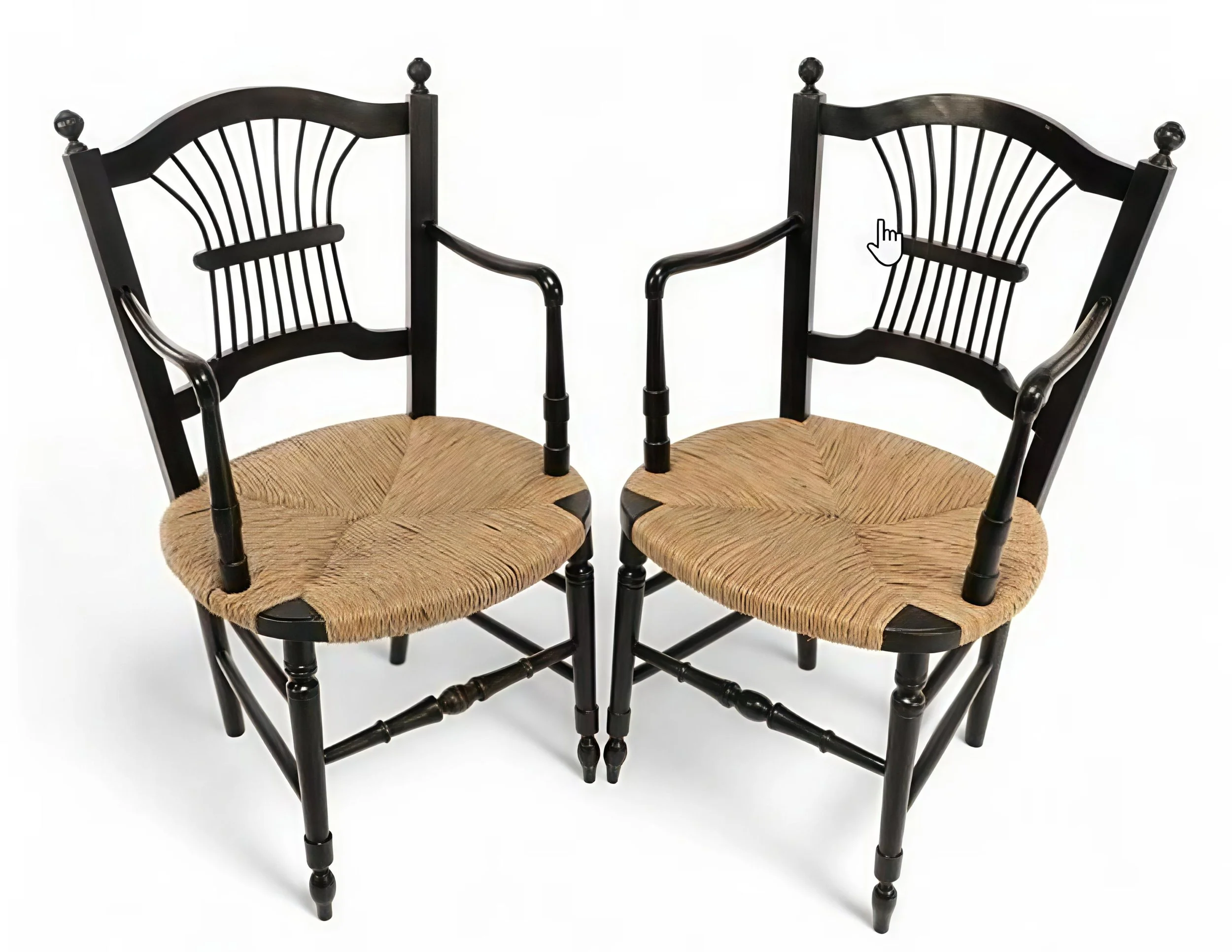 Pair of Provincial-style turned and ebonized rush-seat chairs
