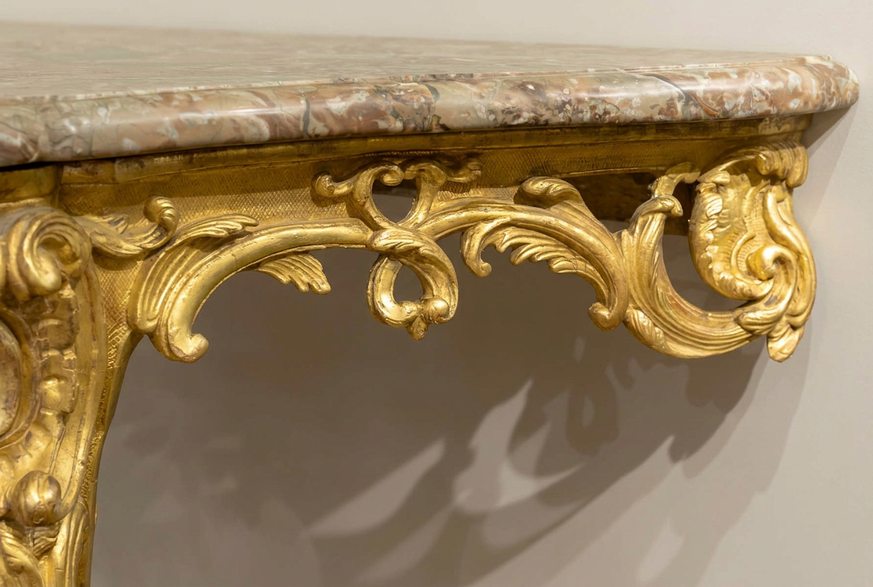 Detail of the side apron of carved and gilded Louis XV console table