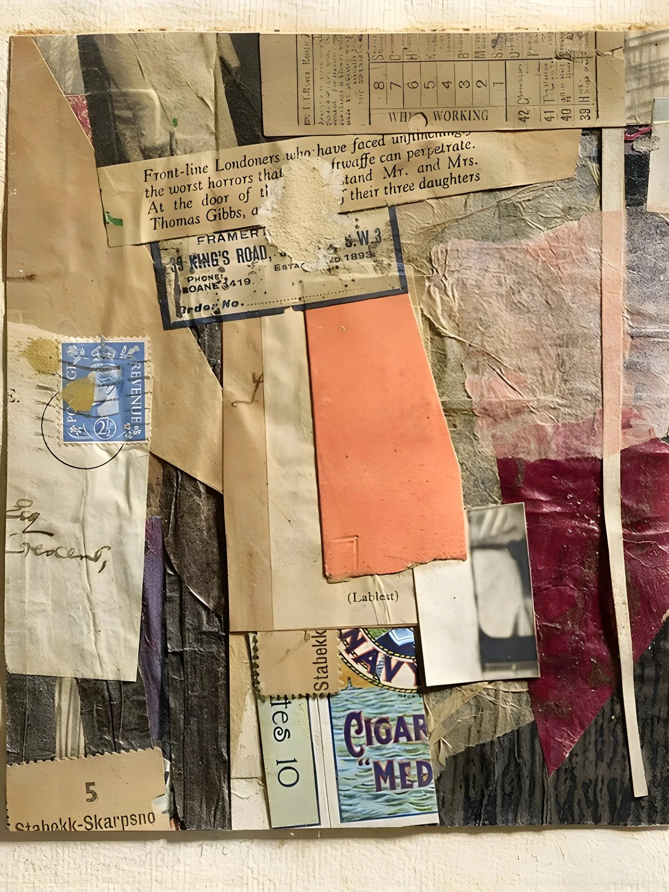 Collage by Kirt Schwitters: newspaper, postage stamp, tissue paper, orange paper, labels, etc