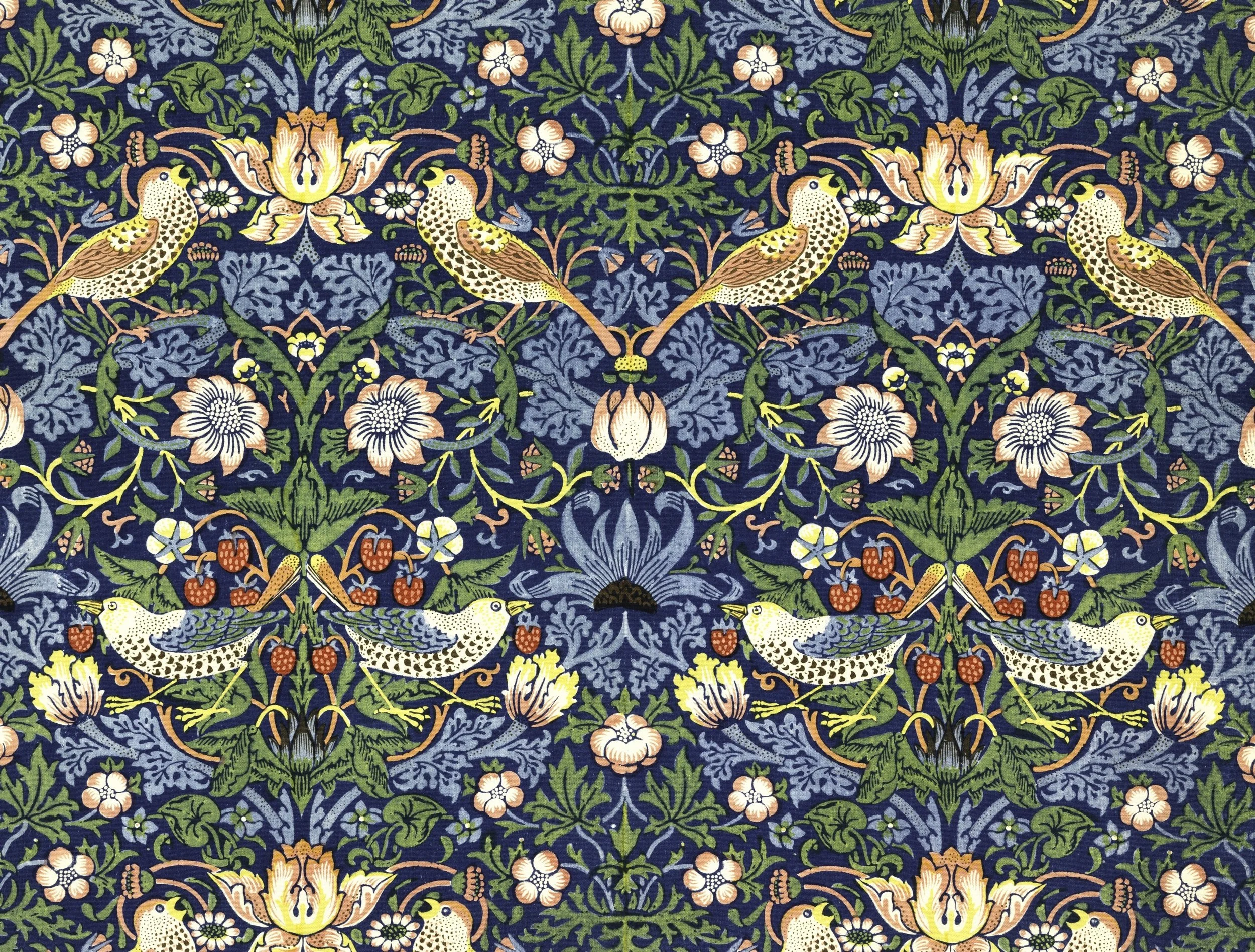 Textile with birds, foliage, and strawberries to illustrate how Medieval designs were stylized to make them new and contemporary instead of revivals