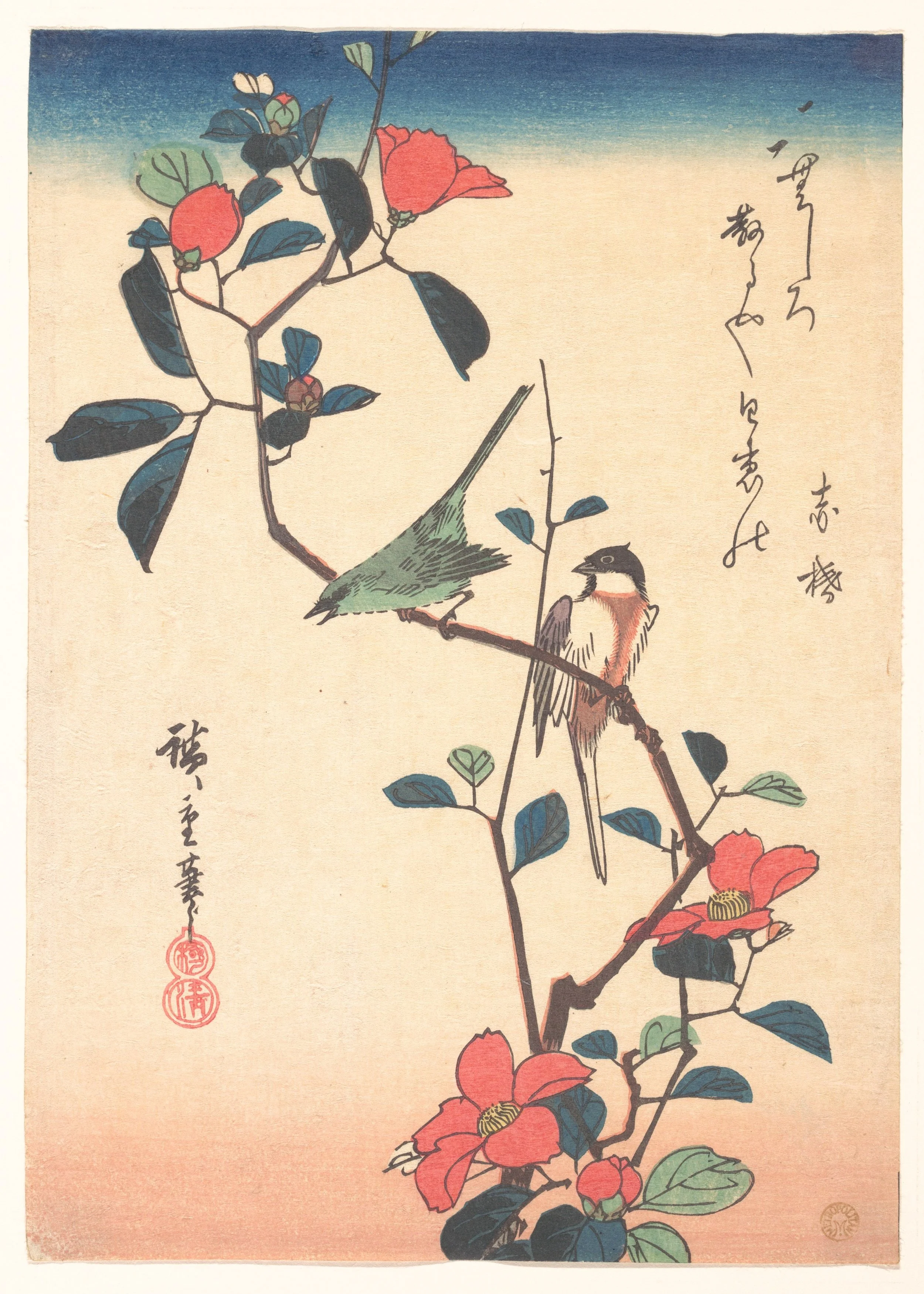 Japanese woodblock print of two birds on long thin floral branch