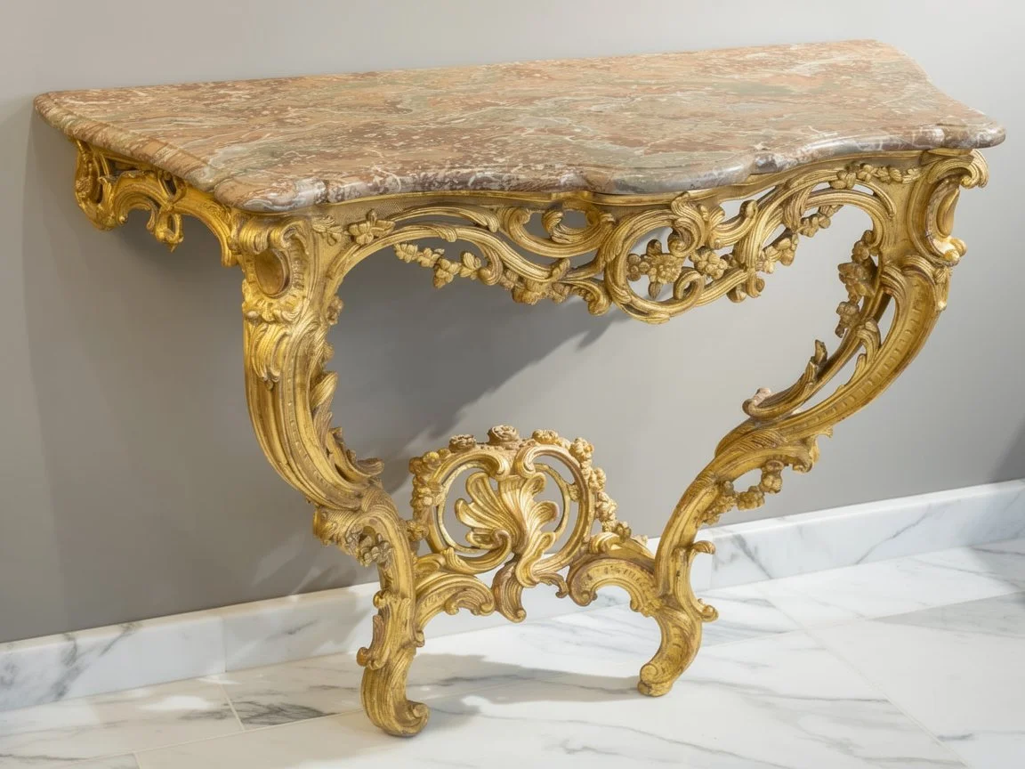 3/4 view of a carved and gilded Louis XV console table