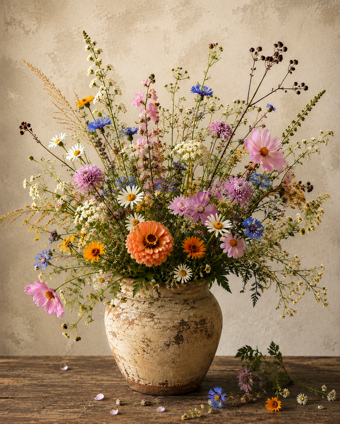 A large vase of many different kinds of wild flowers