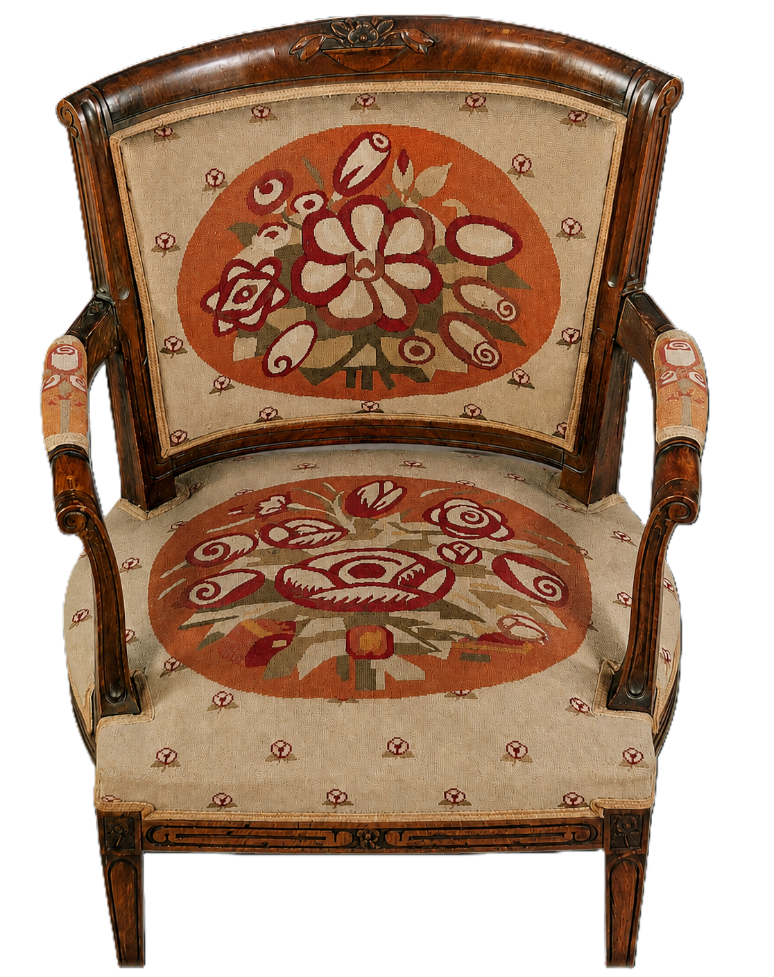 a traditional-looking wood chair with vibrant upholstery in orange red cream of roses and flowers in a Cubist style
