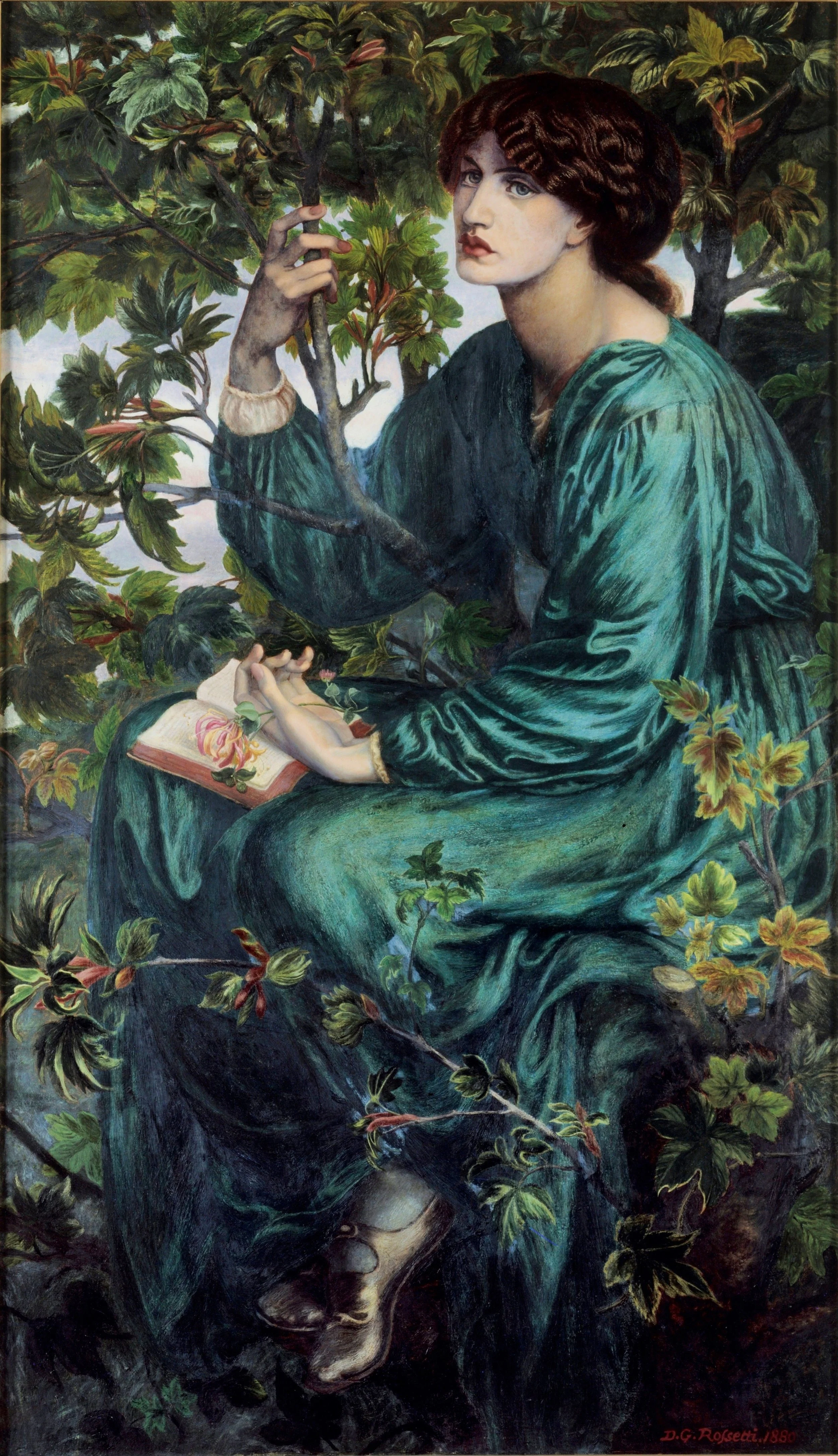 Realistic painting in rich tones, of an idealized, Classicized, female figure in deep turquoise  garb, with a book, sitting among a pomegranate tree
