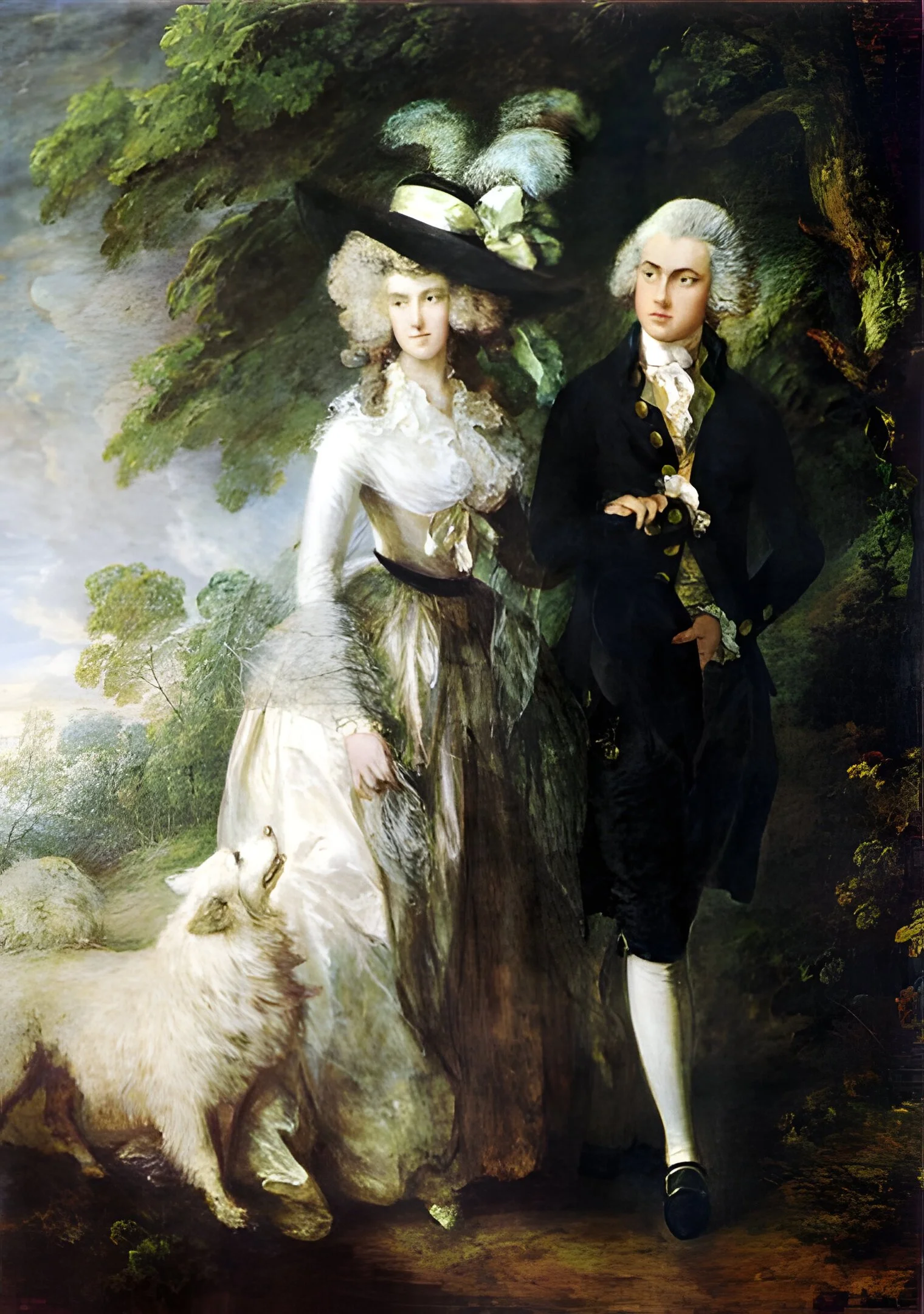 Painting by Gainsborough of an elegant 18th-century British couple walking in a park with their dog
