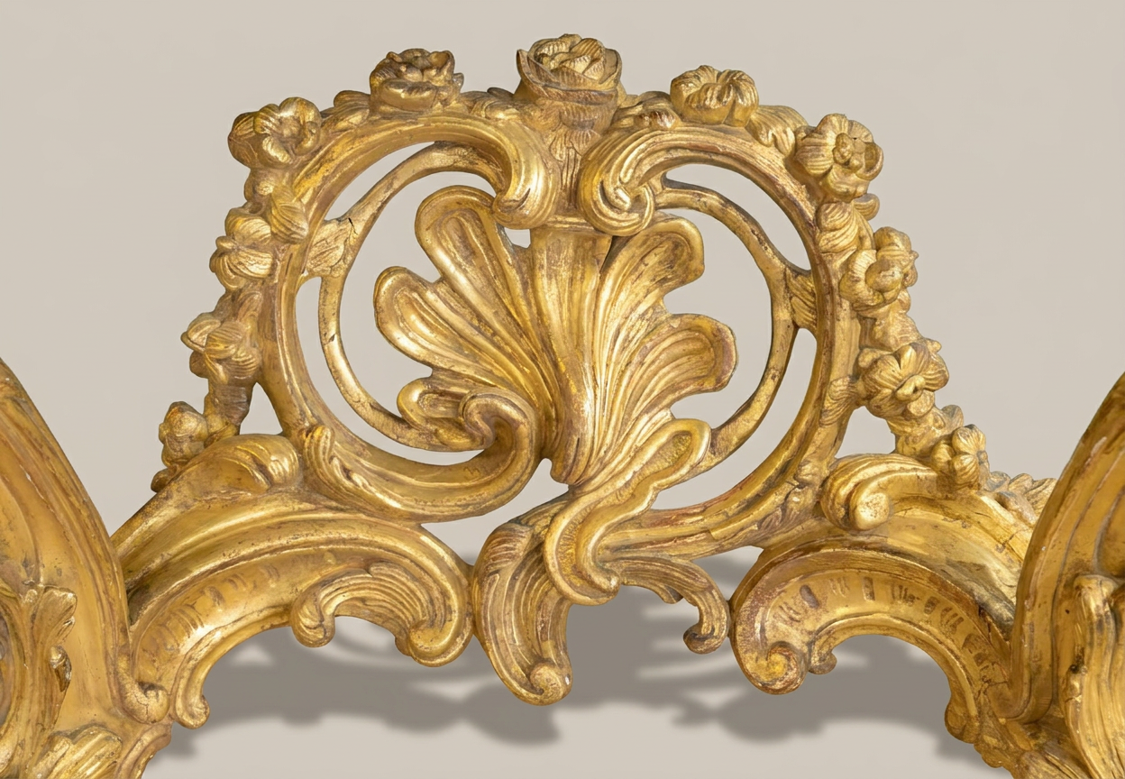 Detail of the central motif at the center of the base of a Louis XV carved and gilded console table