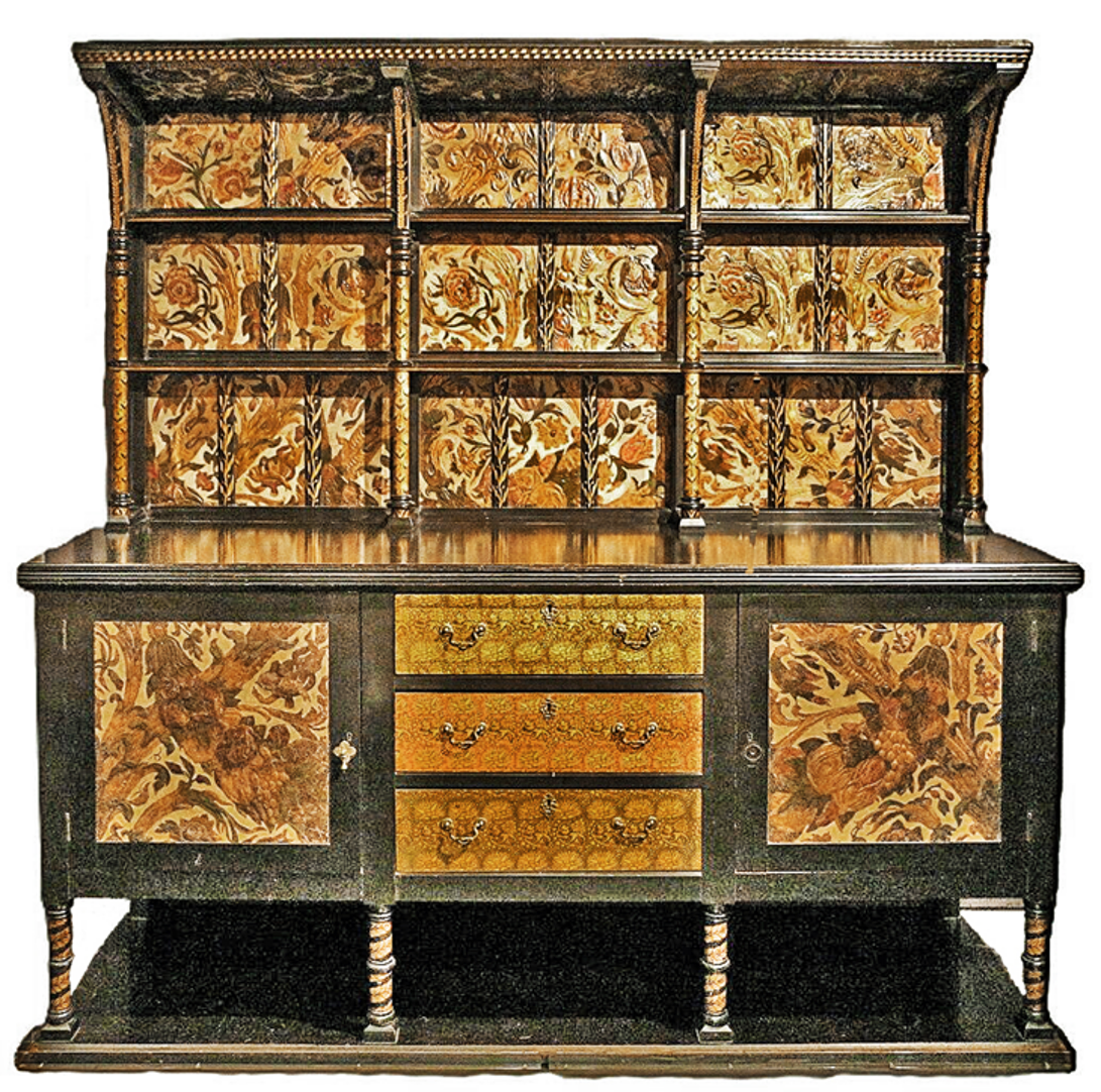 Design Reform buffet, considered Arts and Crafts, which references Late Gothic  ornament and techniques, including repoussed and painted leather