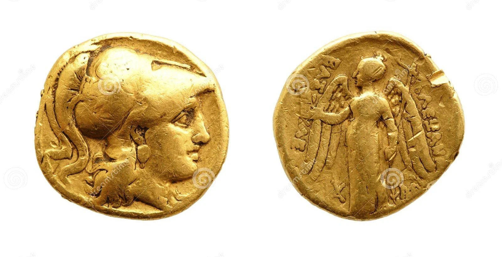 Both sides of a gold, ancient Greek coin, featuring Athena both sides