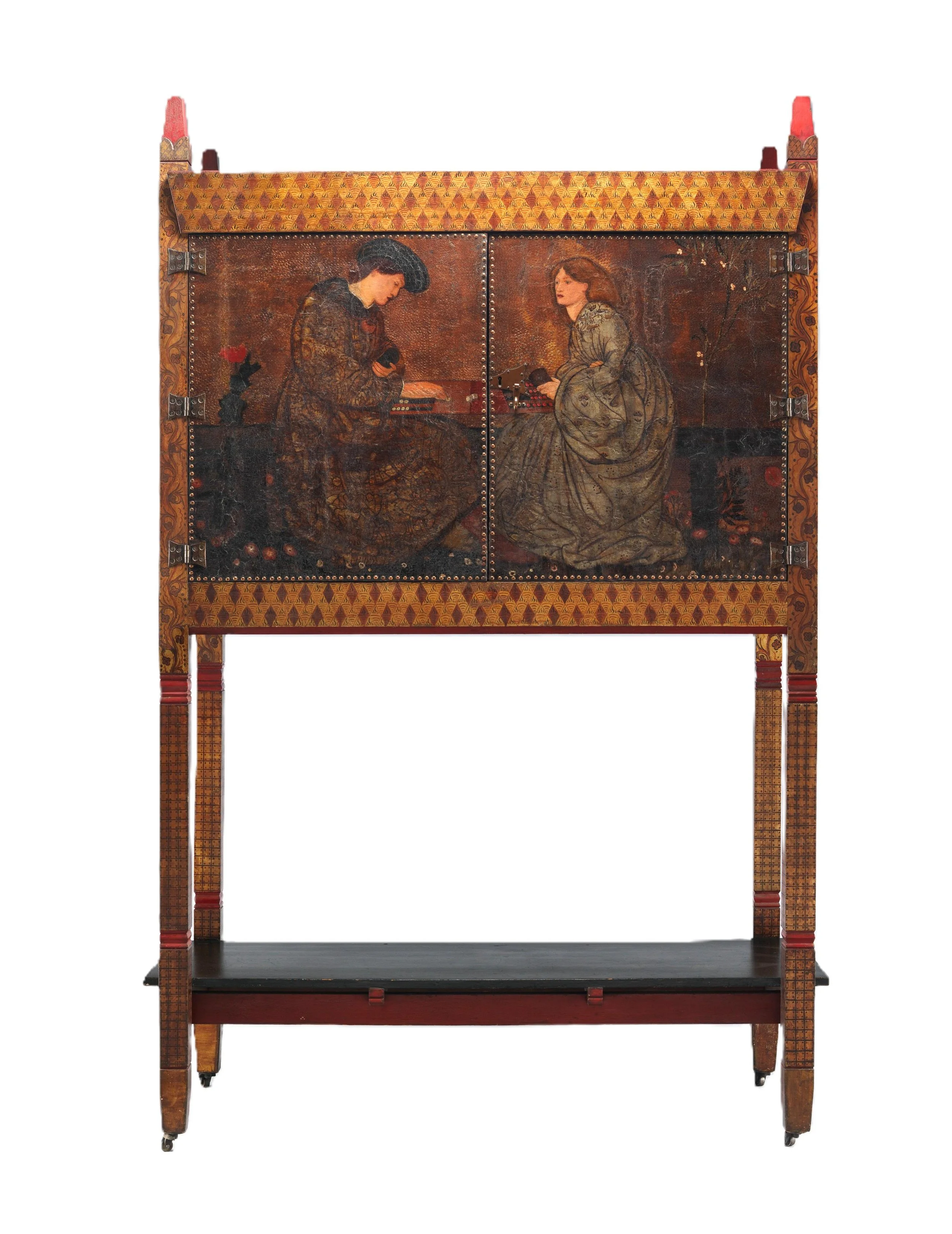 Painted Design Reform cabinet, considered Arts and Crafts, the central image of  Late Gothic figures playing backgammon, to show how Medieval design was translated, updated, to show inspiration without being a revival.