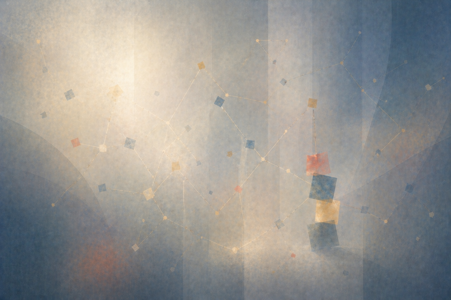 Minimal abstract composition of overlapping translucent shapes, suggesting relationships forming between separate elements.