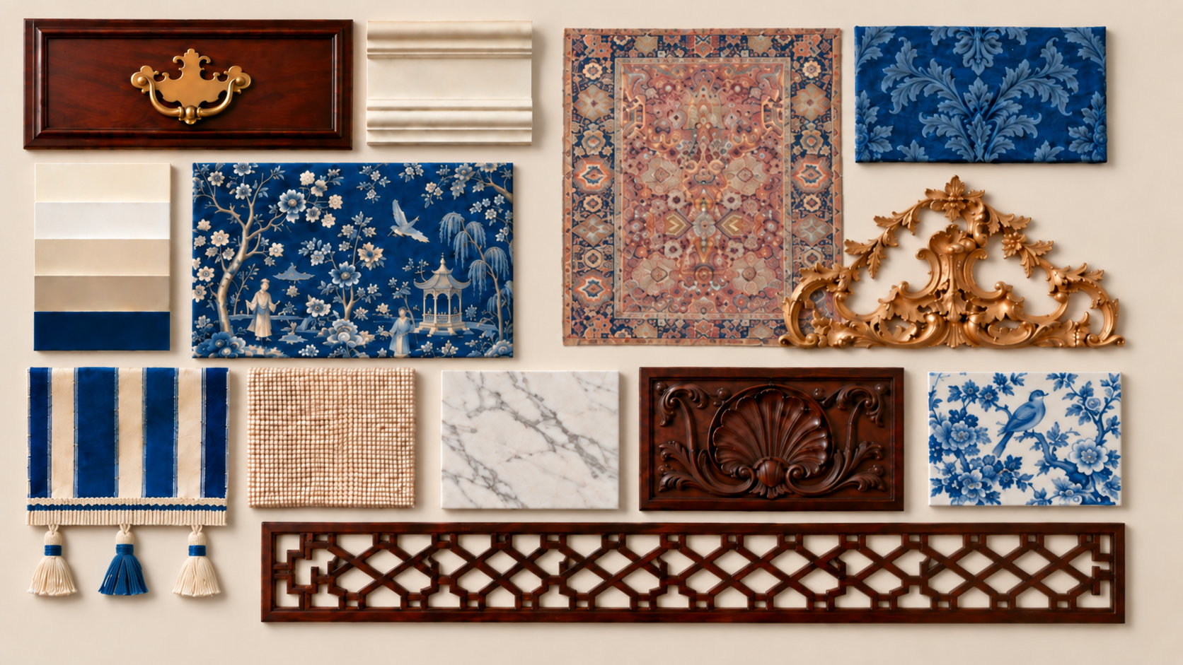 A material board representing a traditional style similar to Mid-Georgian