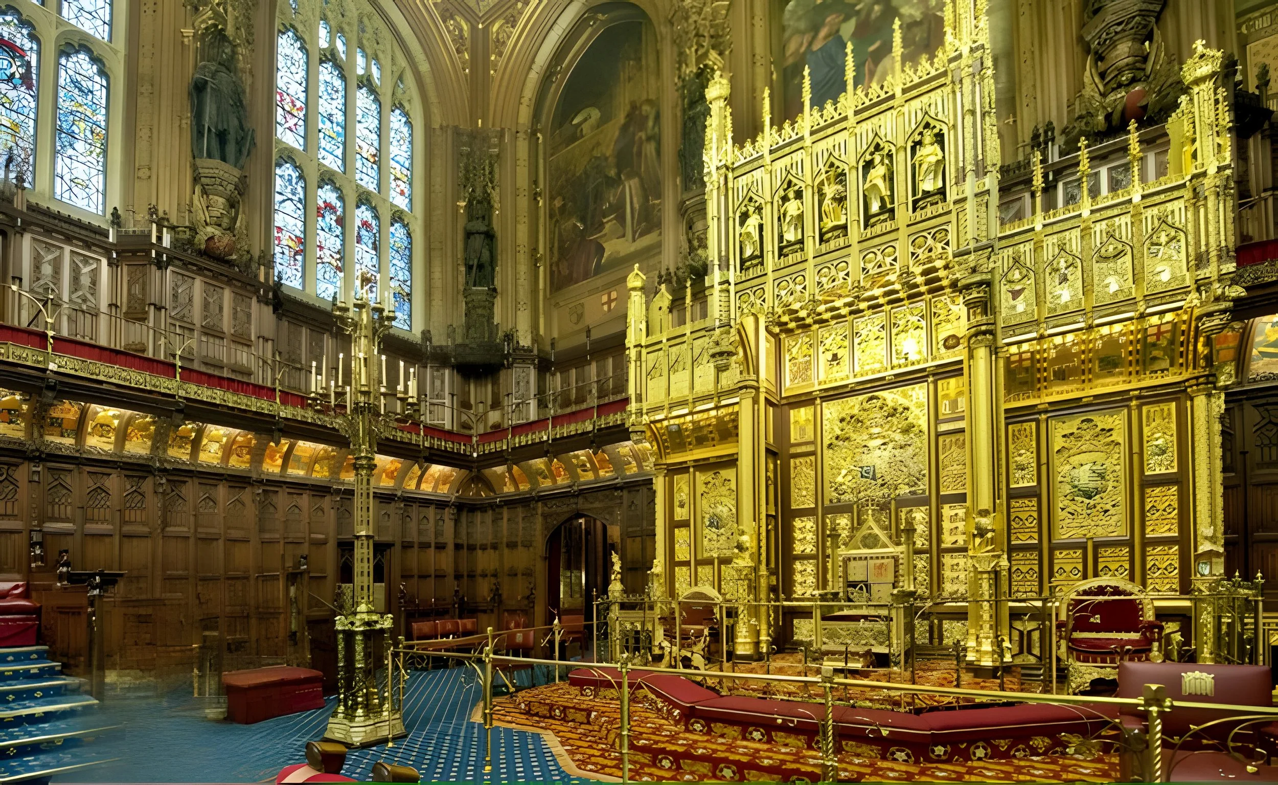 Interior of the House of Lords with elaborate Gothic Revival decoration.
