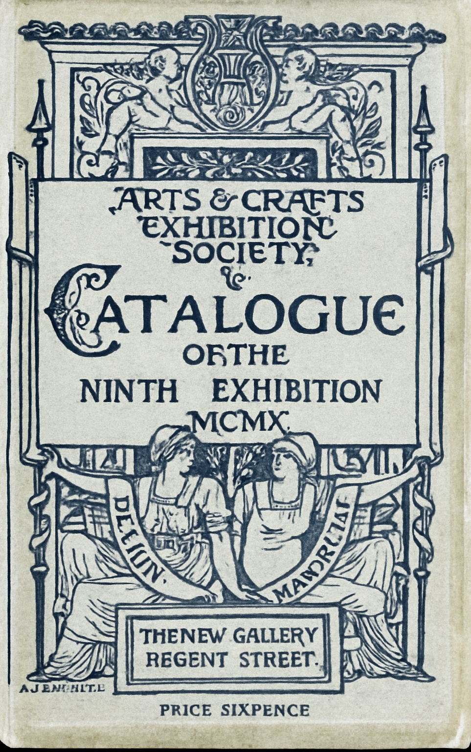 1910 Arts & Crafts Exhibition Society catalogue cover with stylized botanical ornament.