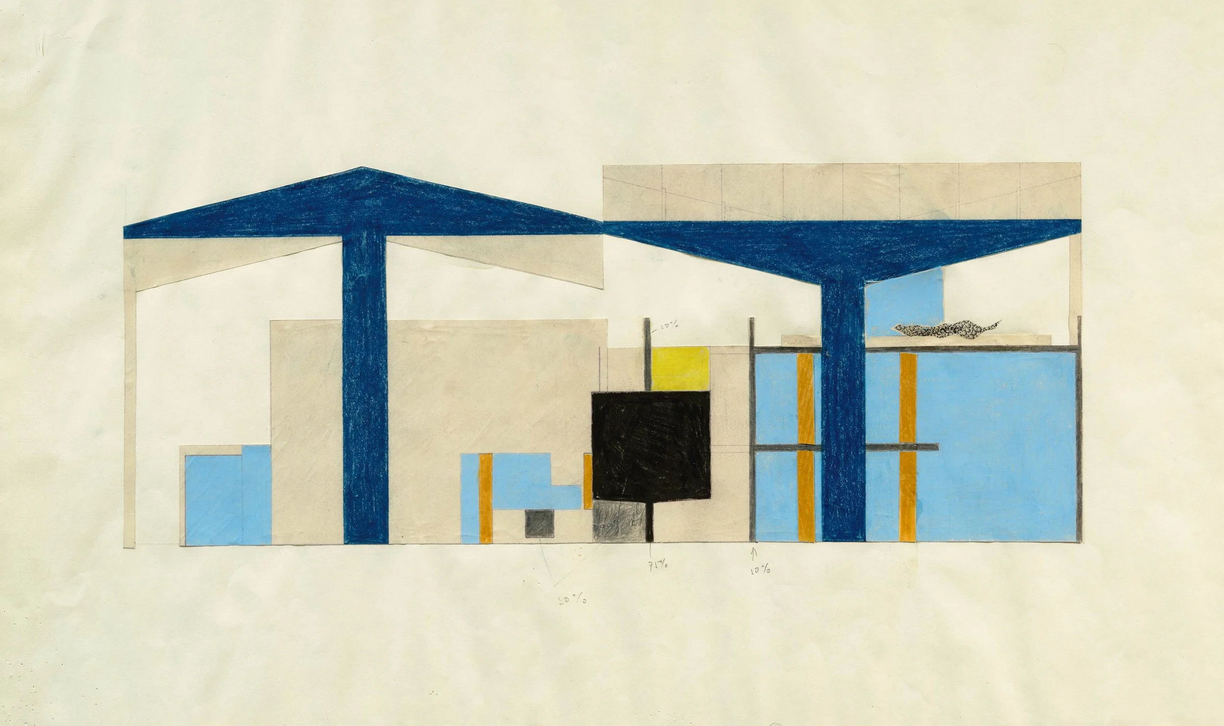 a colorful mixed media elevation of a building design, in pencil, gouache, and collage, to communicate the union of the fine arts and decorative arts.