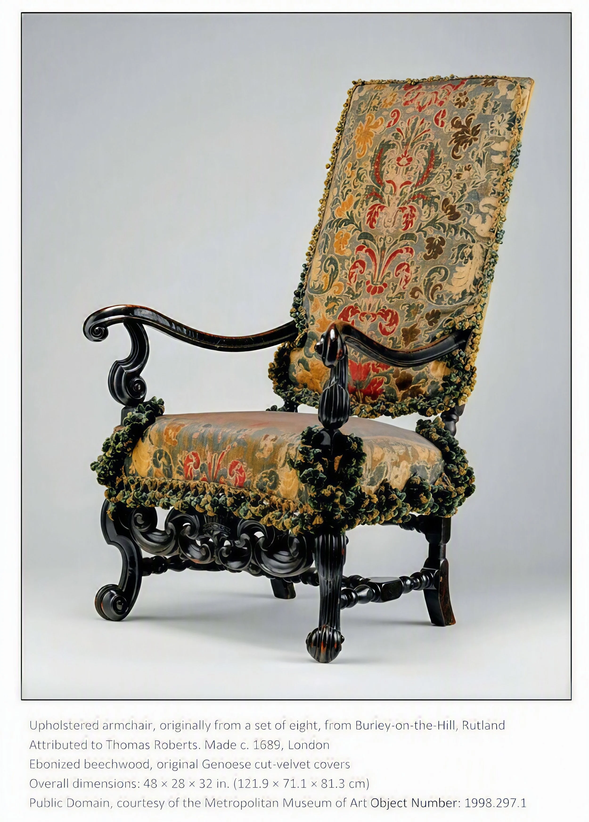 English Baroque armchair attributed to Thomas Roberts, London, c.1689. Ebonized wood with boldly carved scrolls, curved arms, original multicolored silk upholstery, and elaborate passementerie. A masterful balance of power, richness, and elegance.