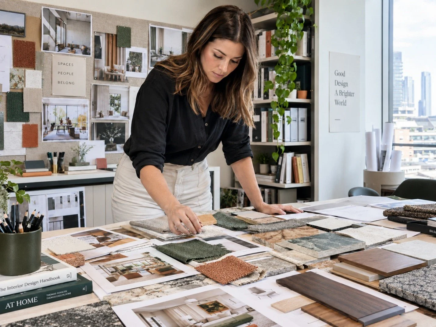 A designer working over an array of materials, finishes, and specs