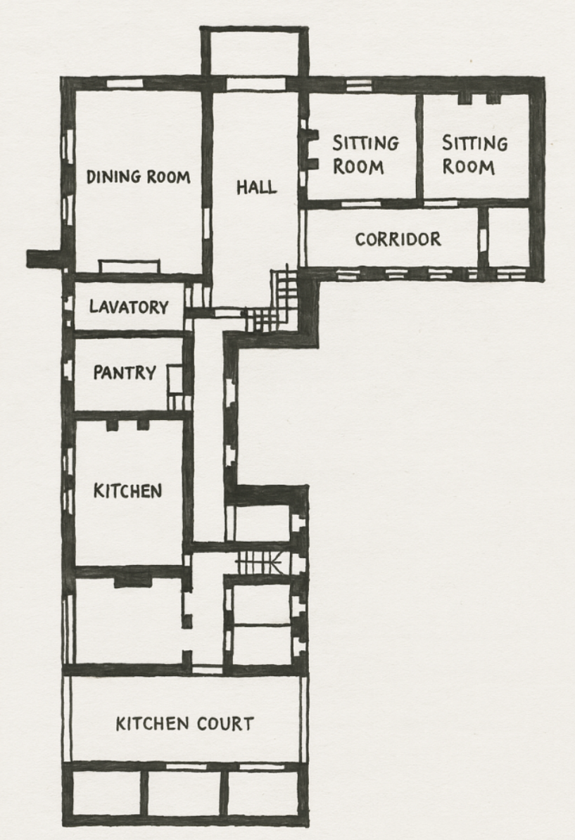 Hand-drawn style ground floor plan of Red House to illustrate the organic structure of the plan