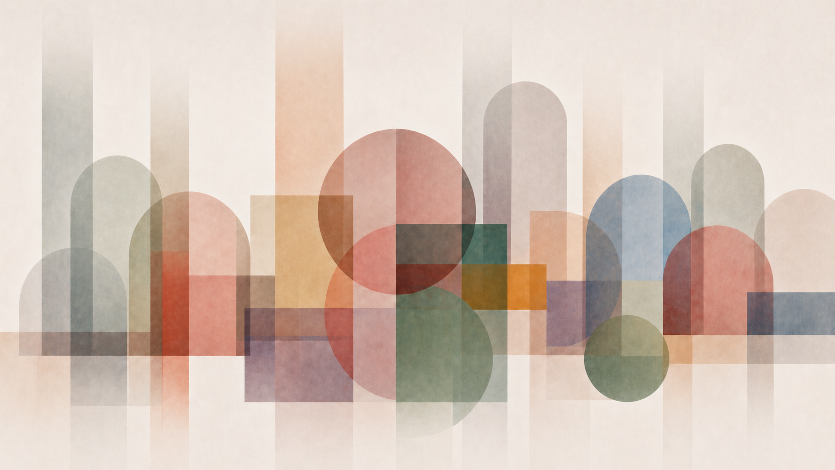 Layered geometric forms aligned across a horizontal field, with overlapping circles and rectangles suggesting experimentation and variation.